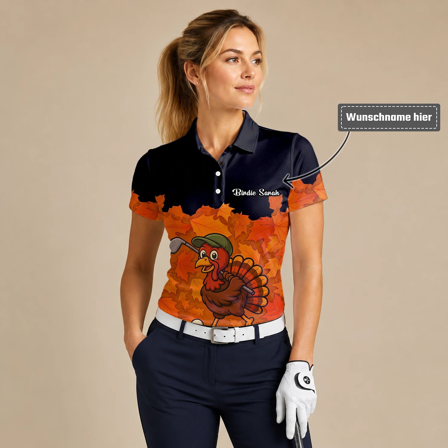 Personalisiertes Golf Poloshirt Schwarz Orange Thanksgiving Truthahn Golfer Design für Damen W0964