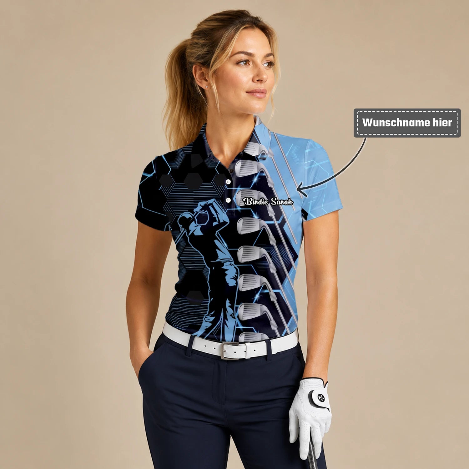Personalisiertes Golf Poloshirt in Schwarz-Blau mit Golfer- und Golfschläger-Grafik für Damen J5818