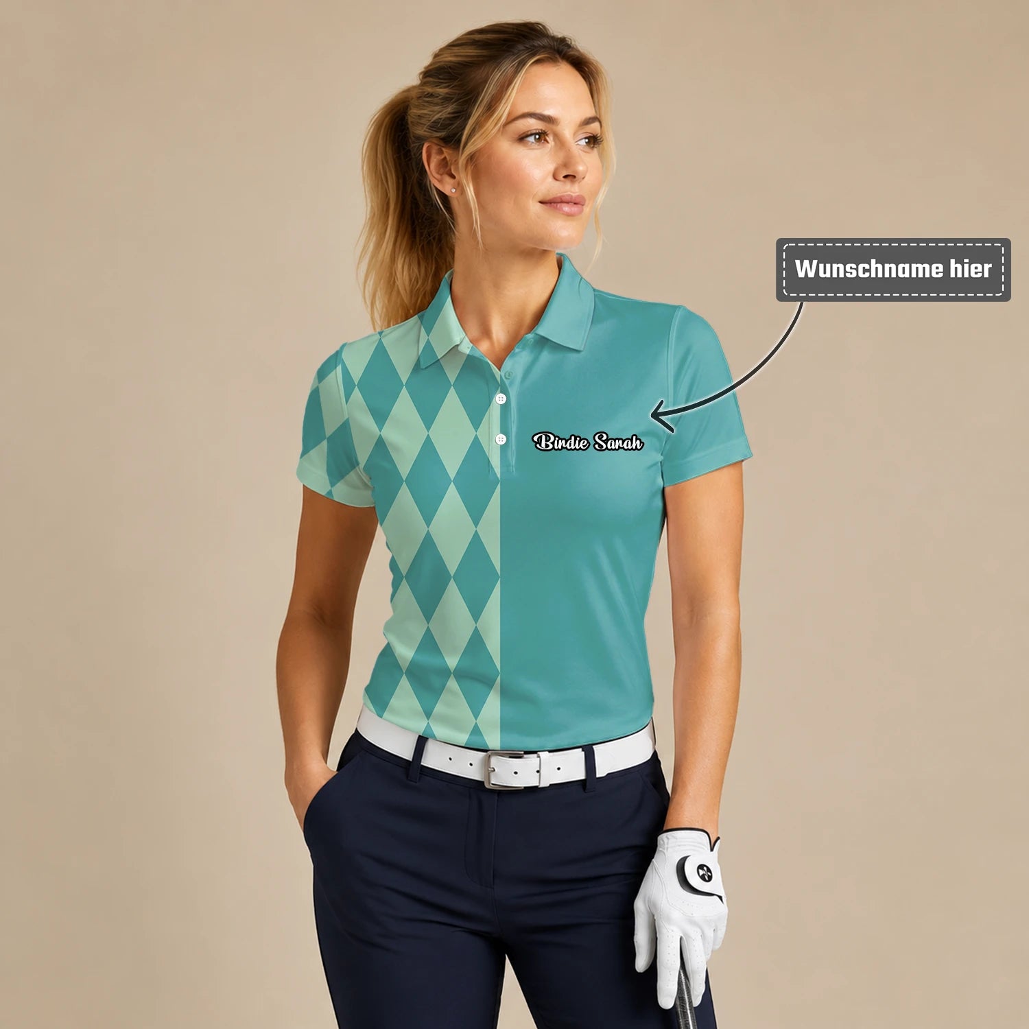 Personalisiertes Golf Poloshirt Türkis Mint Rauten Muster für Damen A8483