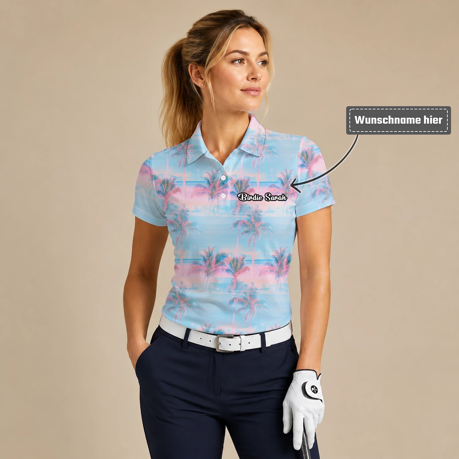 Personalisiertes Golf Poloshirt Pastellblau Rosa Palmen Sonnenuntergang Design für Damen G4431