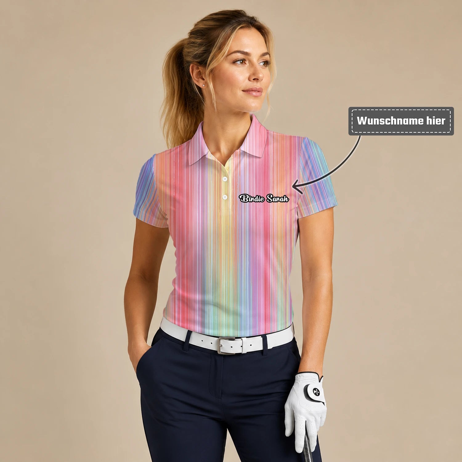 Personalisiertes Golf Poloshirt Pastell Regenbogen Streifen Design für Damen C5307