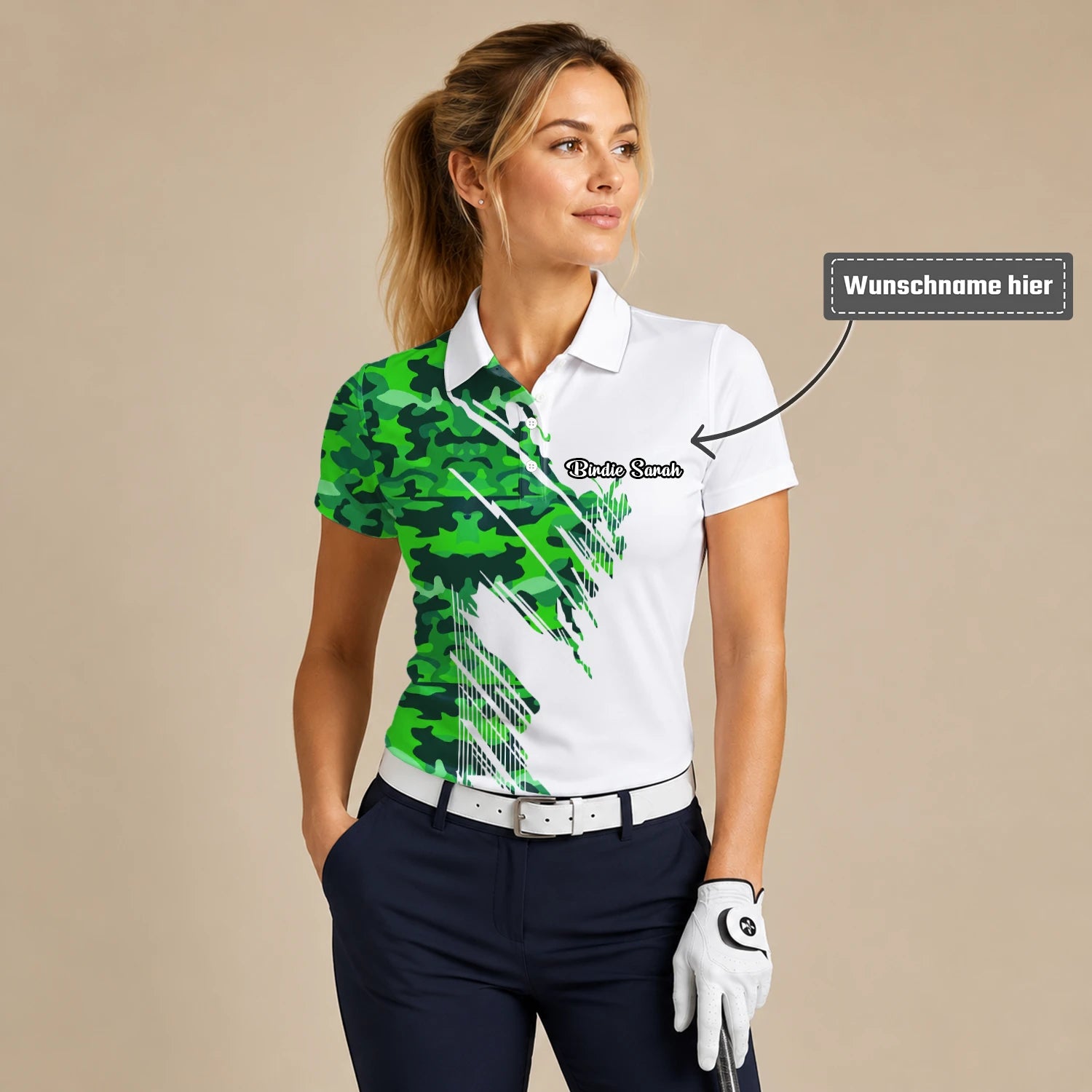 Personalisiertes Golf Poloshirt Weiß Grünes Camo Pinselstreifen Design für Damen E9788