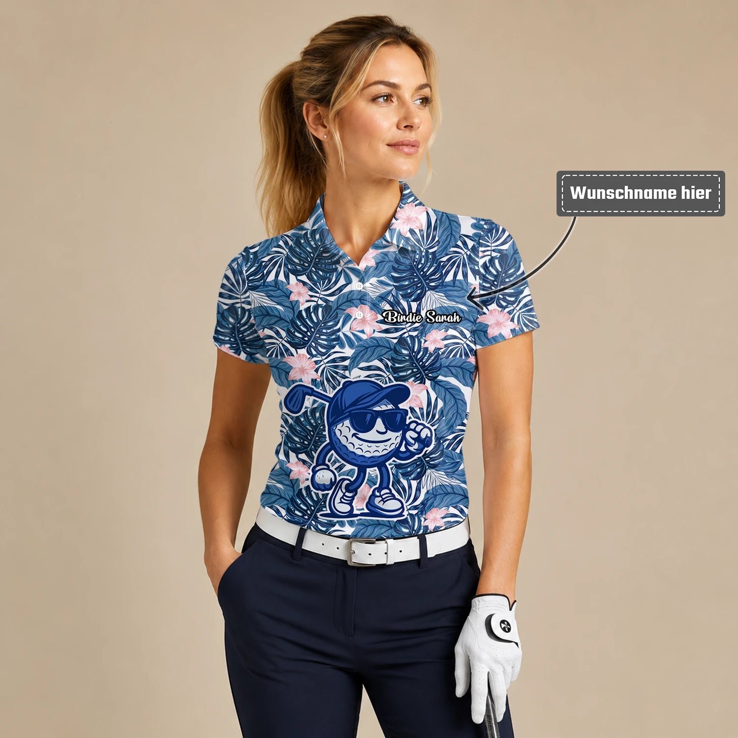 Personalisiertes Golf Poloshirt Marineblaues Tropisches Blätter Golfball Cartoon Design für Damen I7191