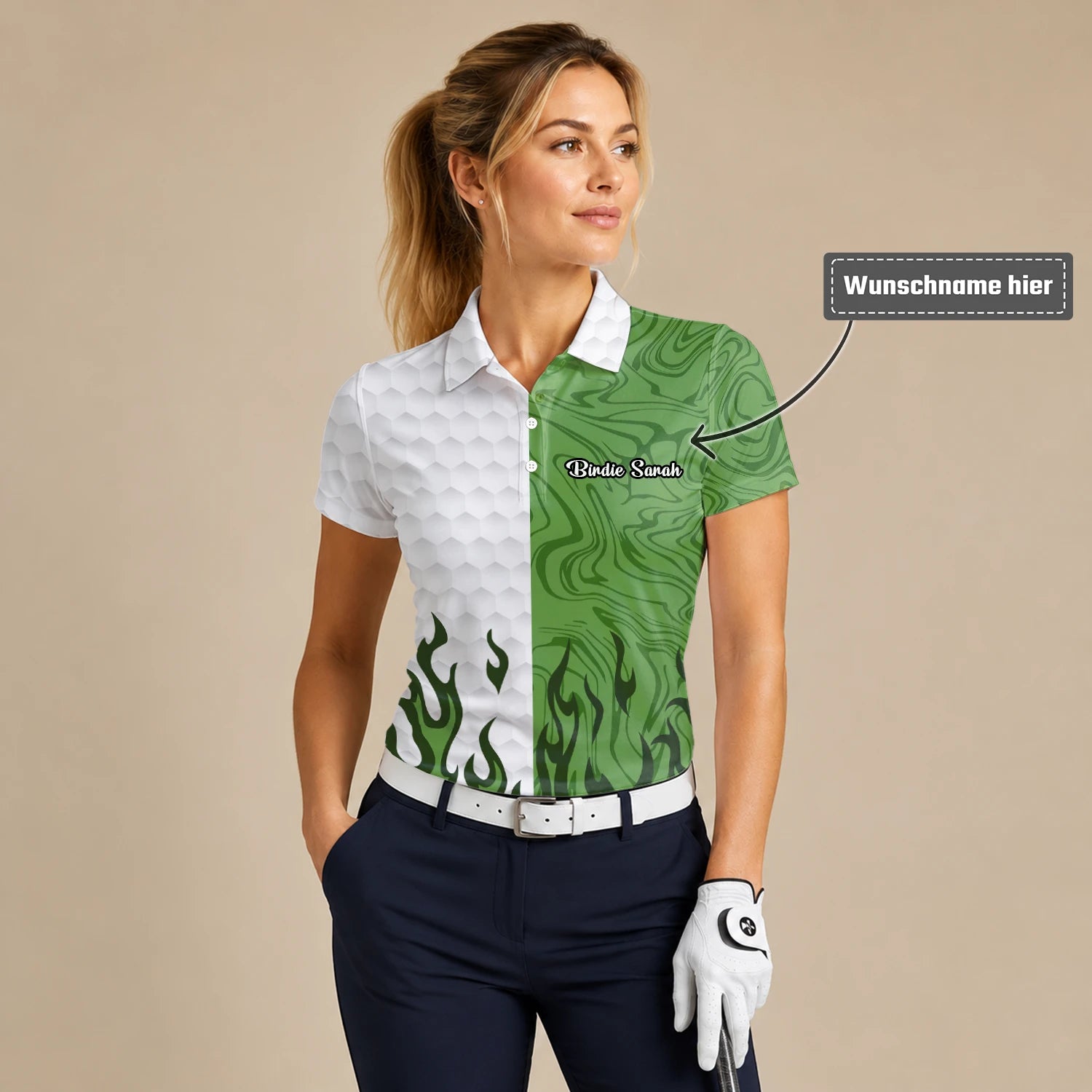 Personalisiertes Golf Poloshirt Weiß Grünes Flammen Marmor Design für Damen D2353