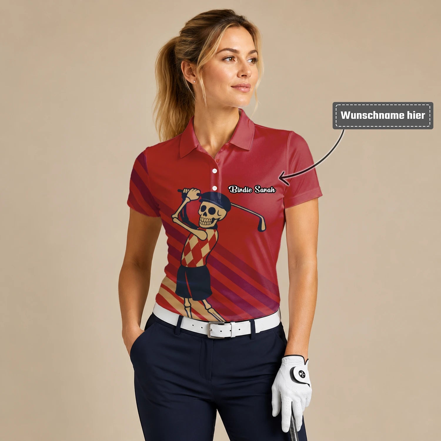 Personalisiertes Golf Poloshirt Rotes Skelett Golfer Cartoon Design für Damen F3648