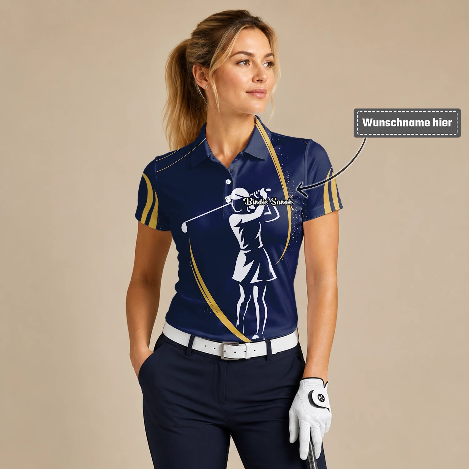 Personalisiertes Golf Poloshirt Marineblau Goldenes Golfer Silhouetten Design für Damen K0906