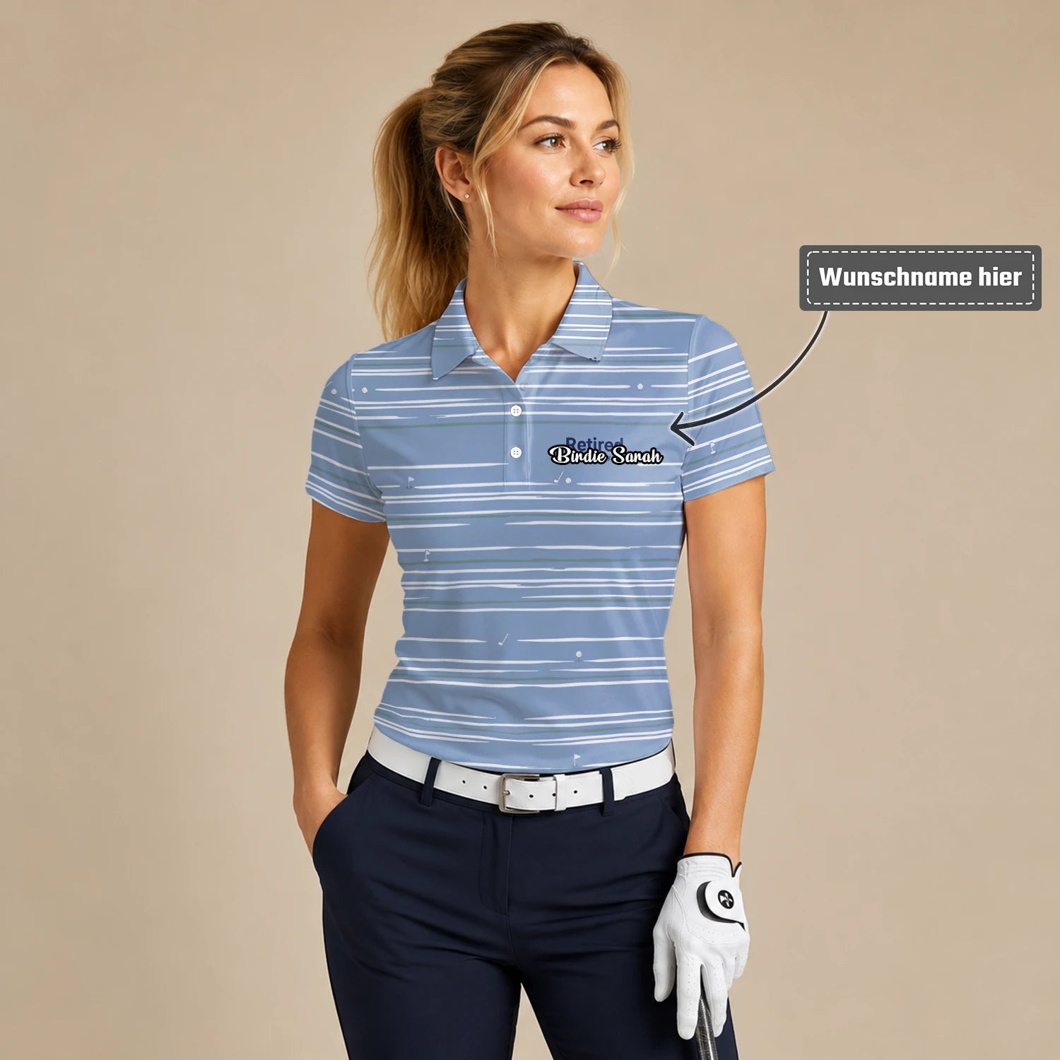 Personalisiertes Golf Poloshirt in Hellblau-Weiß mit abstraktem Streifenmuster für Damen F9706