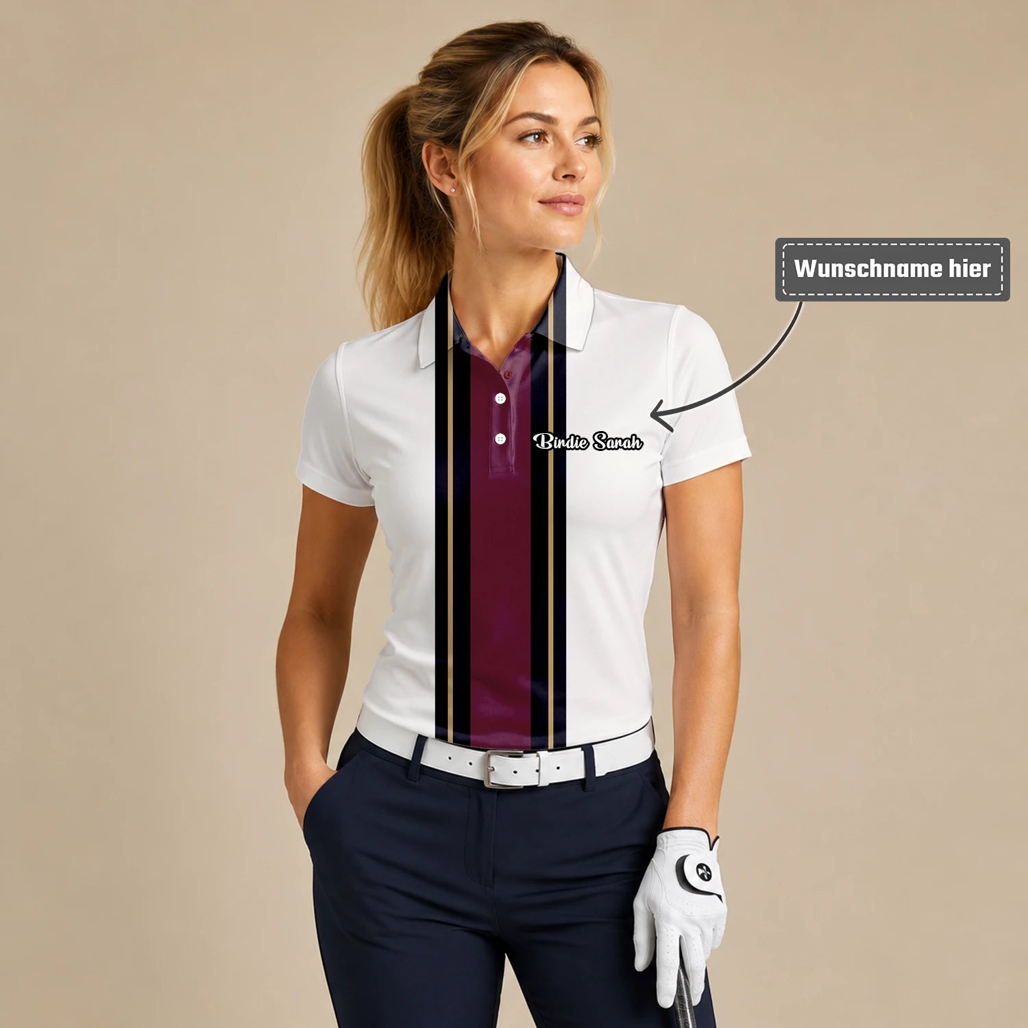 Personalisiertes Golf Poloshirt Weiß Bordeaux Schwarzes Rennstreifen Design für Damen G7028