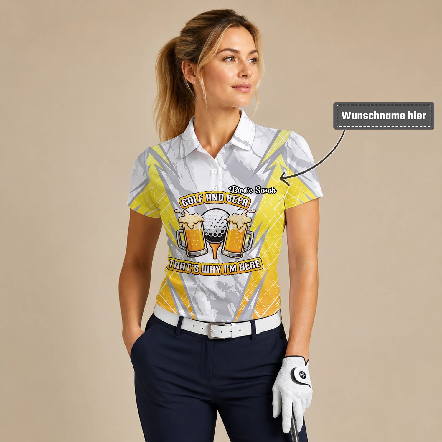 Personalisiertes Golf Poloshirt Grau Gelbes Golf und Bier Spruch Design für Damen P2319
