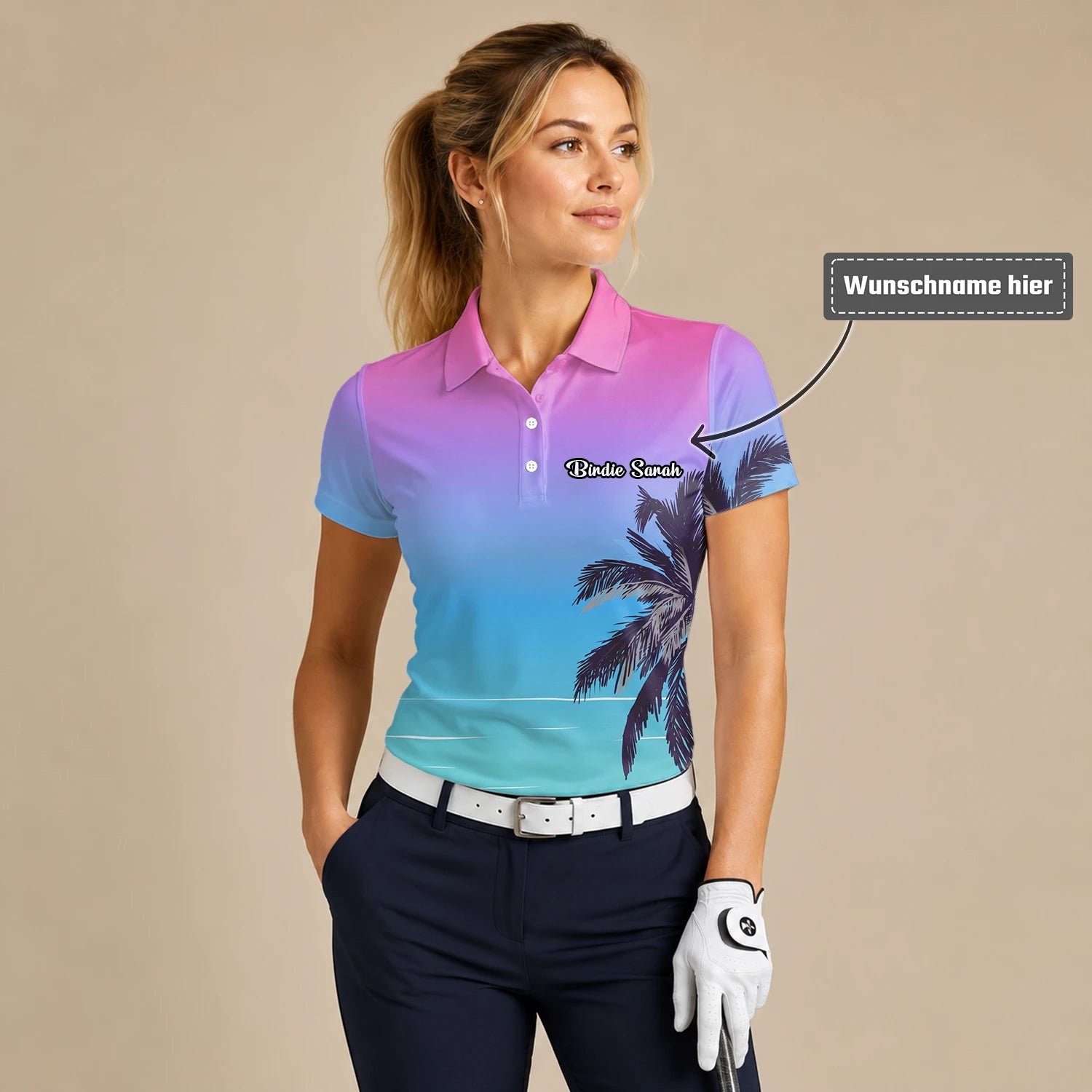 Personalisiertes Golf Poloshirt Rosa Blaues Palmen Strand Sonnenuntergang Design für Damen Q3519