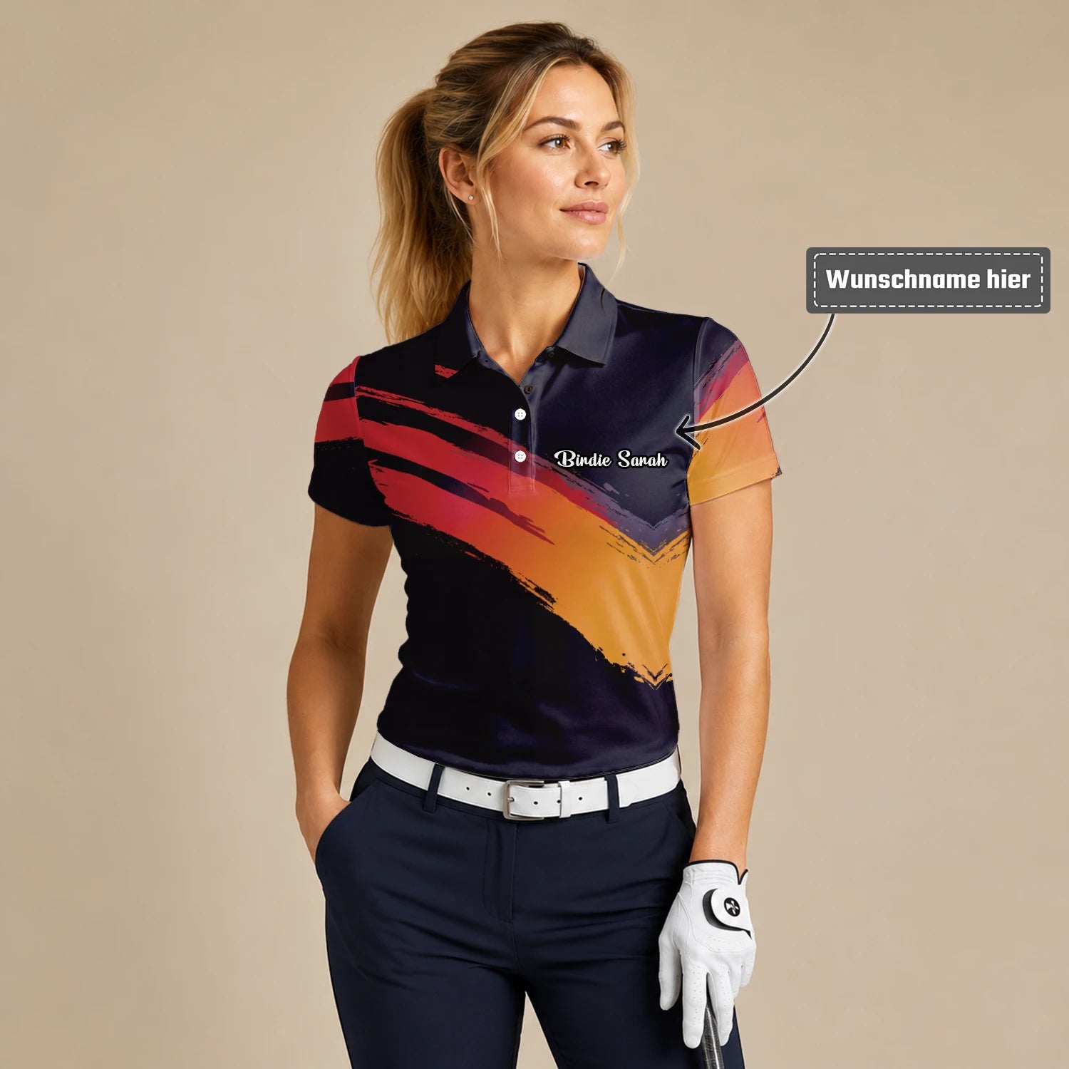 Personalisiertes Golf Poloshirt in Schwarz-Rot-Orange mit Pinselstrich-Design für Damen M6093
