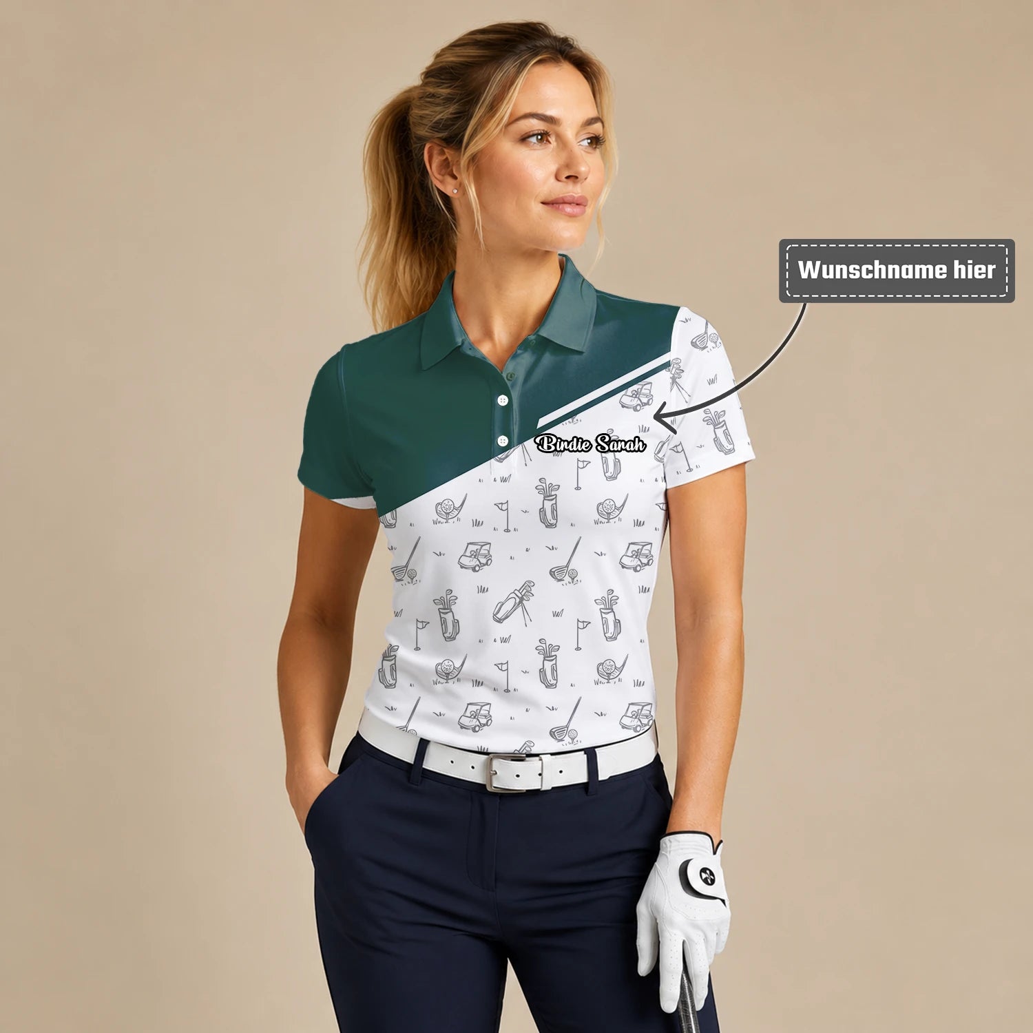 Personalisiertes Golf Poloshirt Grün Weißes Golfschläger Skizzen Design für Damen L9936
