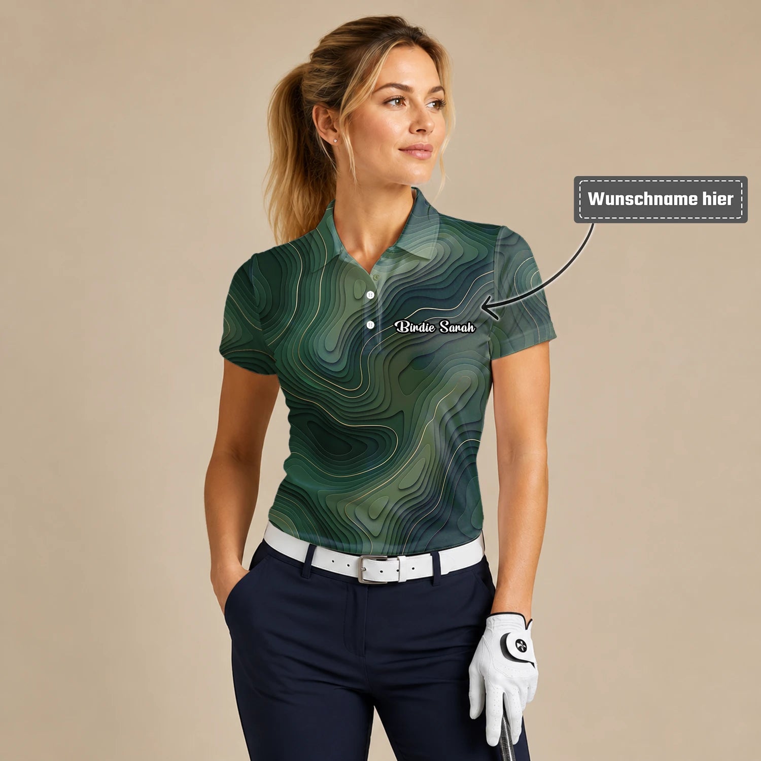 Personalisiertes Golf Poloshirt Grünes Topografisches Konturlinien Design für Damen H2497