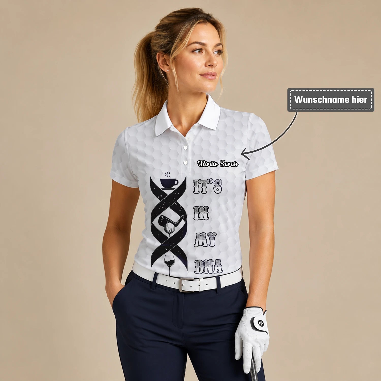 Personalisiertes Golf Poloshirt Weißes Golf In My DNA Spruch Design für Damen W3018