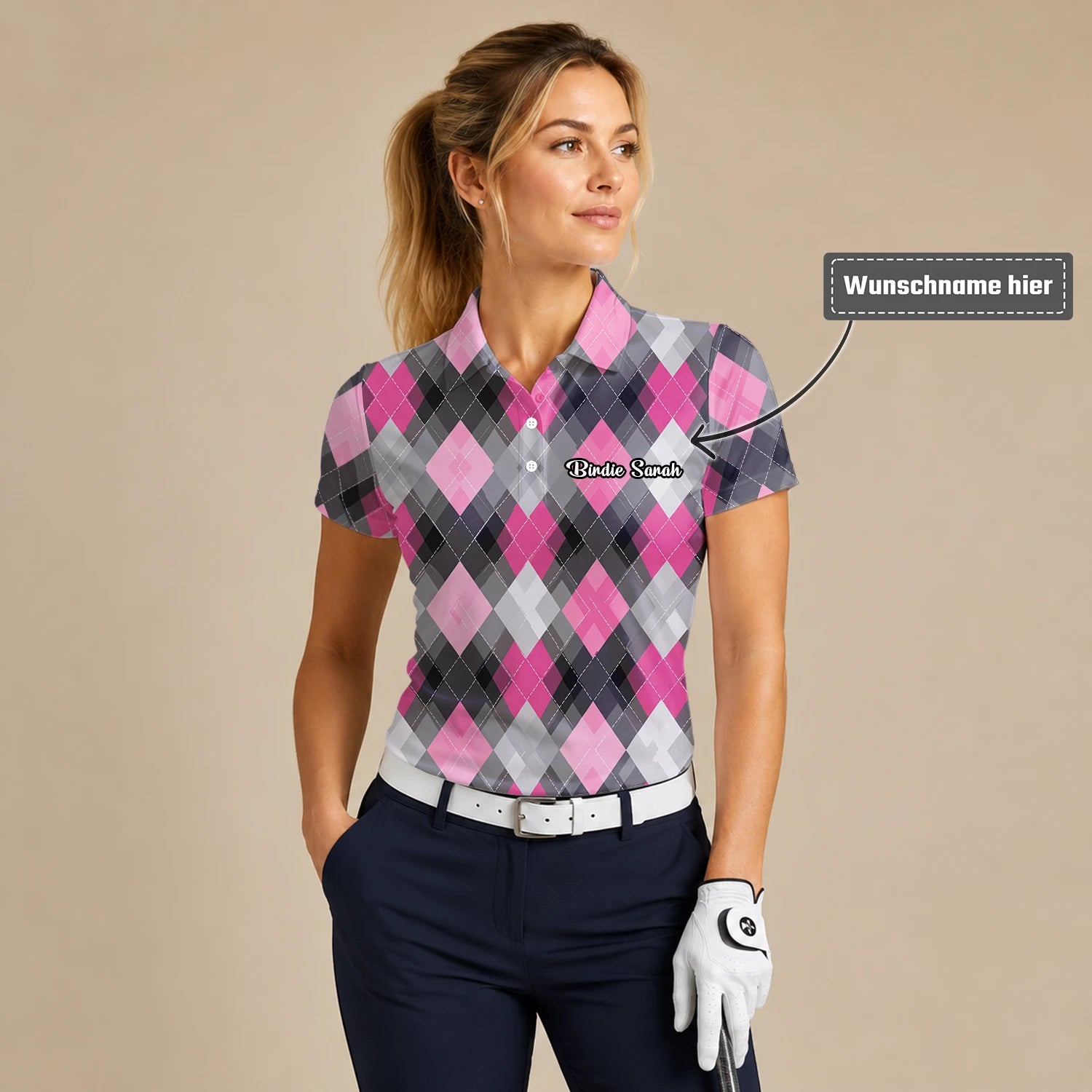 Personalisiertes Golf Poloshirt Rosa Graues Rauten Muster für Damen Z9376