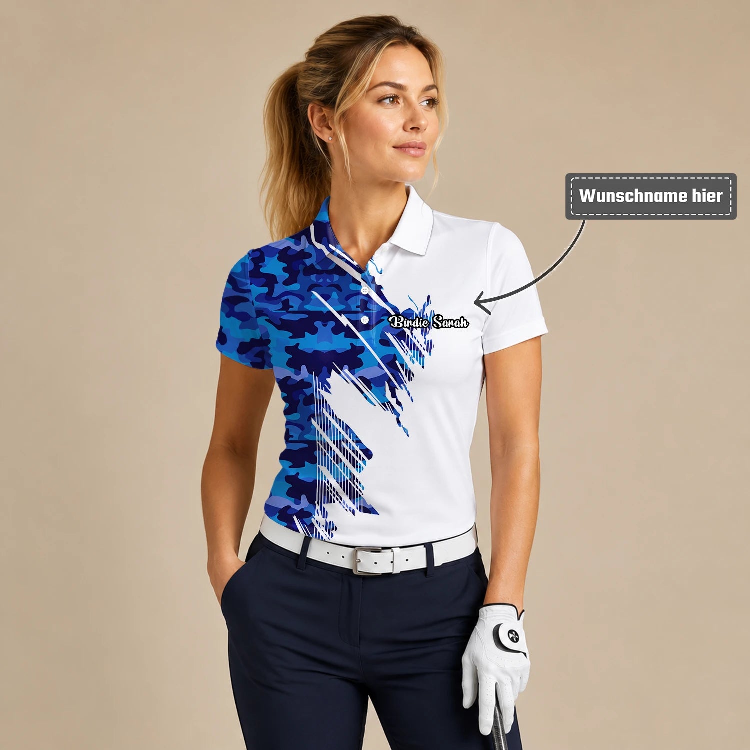 Personalisiertes Golf Poloshirt Weiß Blaues Camo Pinselstrich Design für Damen M3845