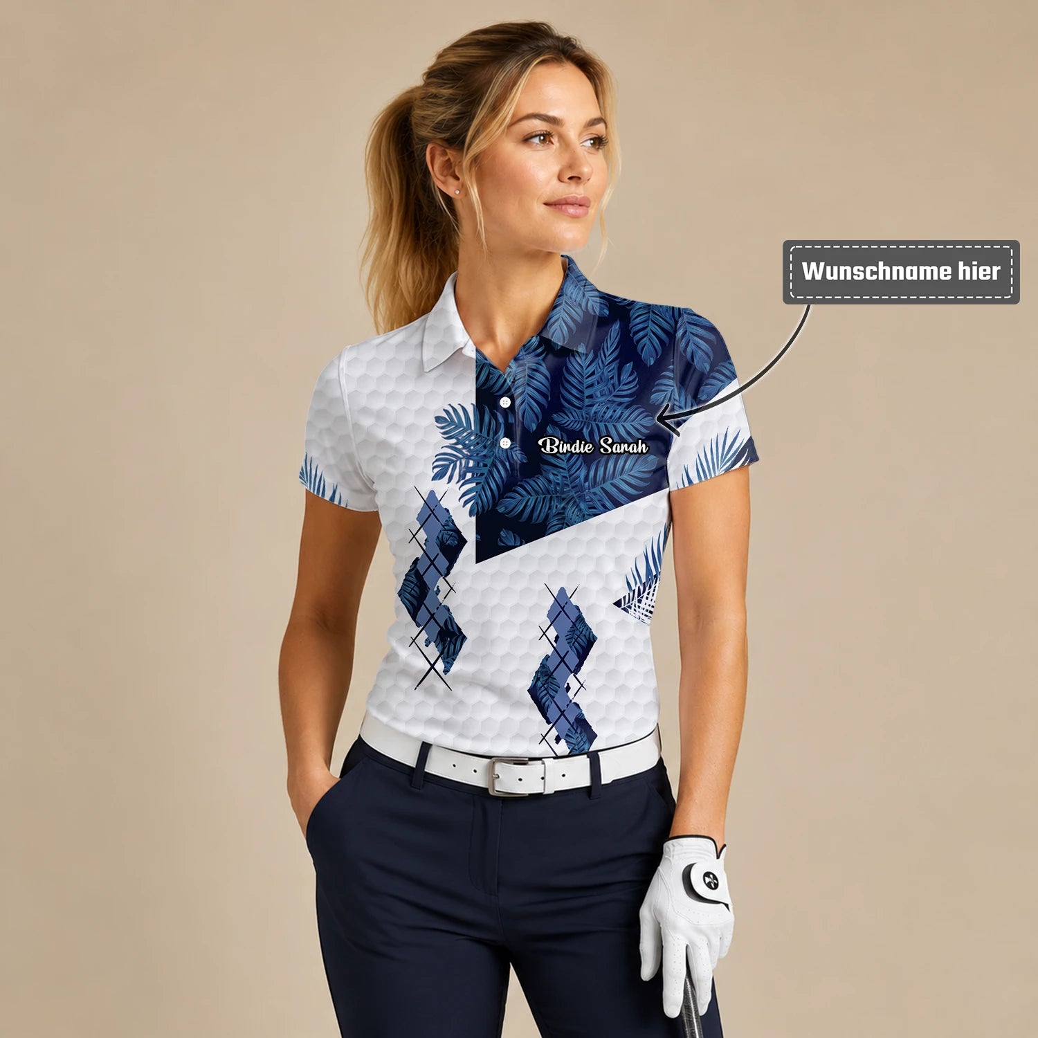 Personalisiertes Golf Poloshirt Weiß Marineblaues Tropisches Blätter Rauten Design für Damen D6549