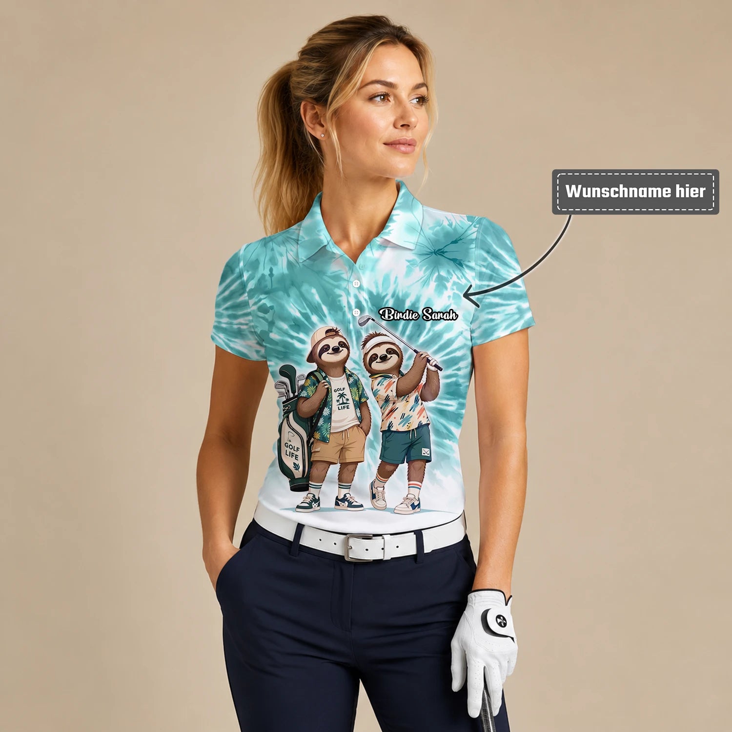 Personalisiertes Golf Poloshirt Türkis Faultier Golfer Cartoon Design für Damen C1614
