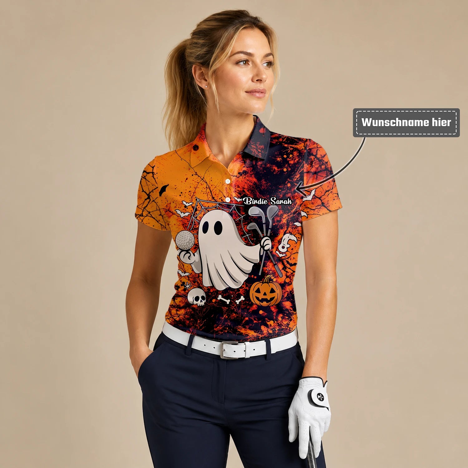 Personalisiertes Golf Poloshirt Orange Halloween Gespenst Golfer Design für Damen M0695