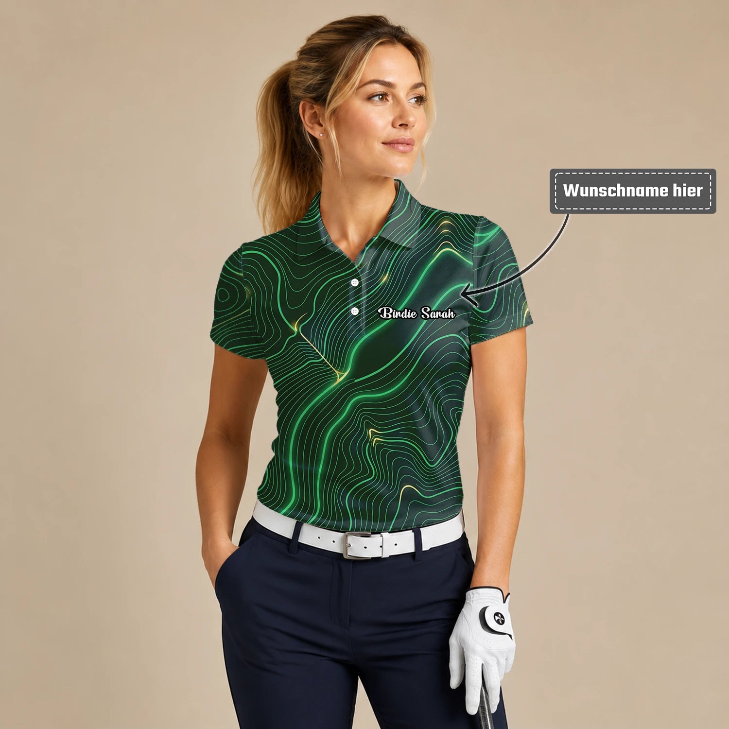 Personalisiertes Golf Poloshirt Grün Schwarzes Topografisches Linien Design für Damen E4992
