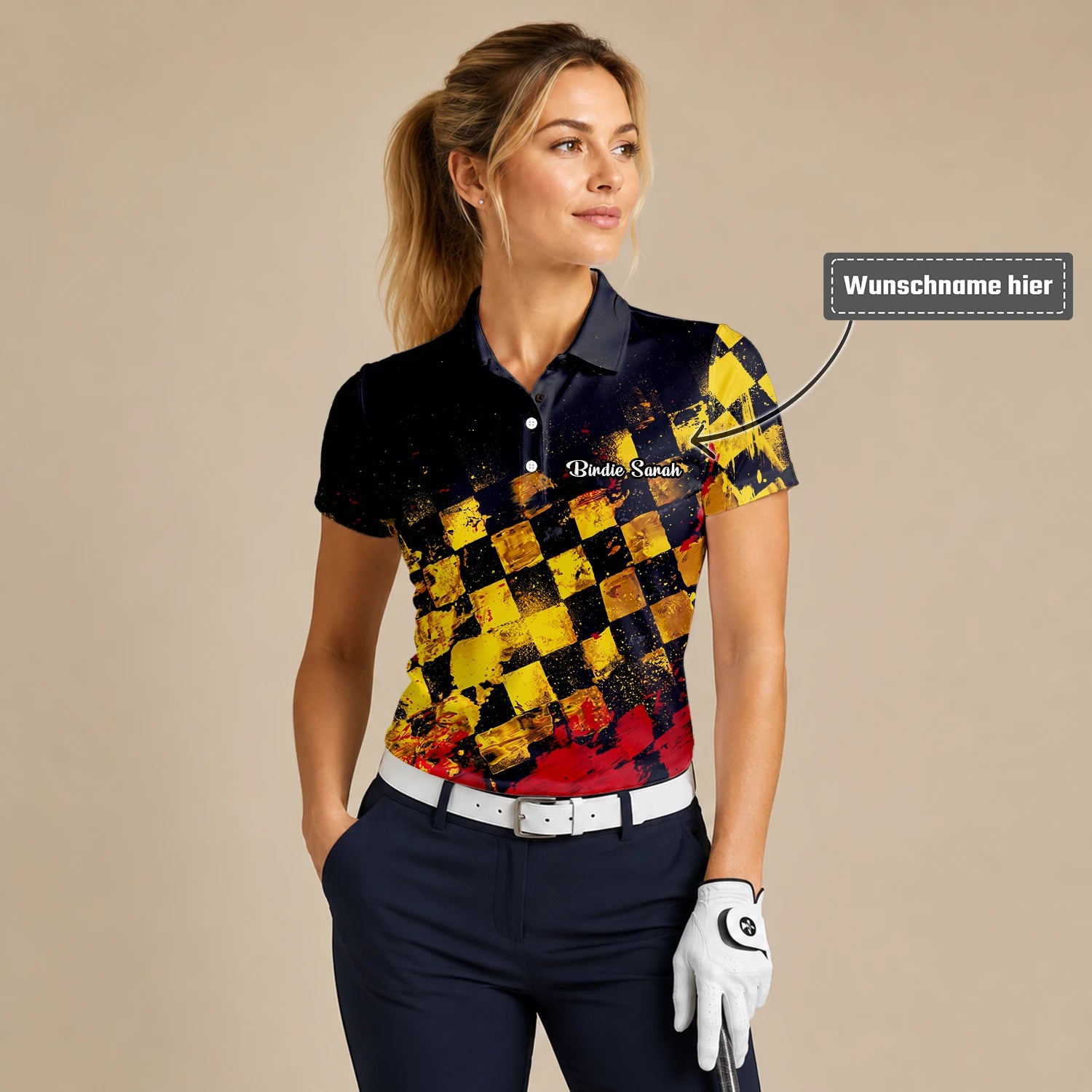 Personalisiertes Golf Poloshirt Schwarz Gelb Rotes Grunge Schachbrett Design für Damen R0396