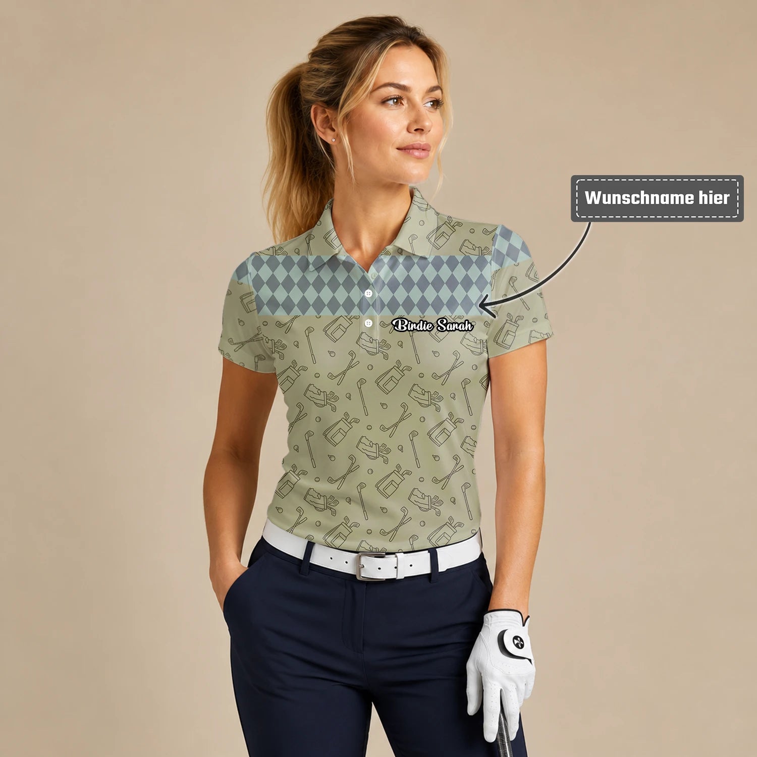 Personalisiertes Golf Poloshirt Khaki Golfschläger Skizzen Rauten Design für Damen K5983