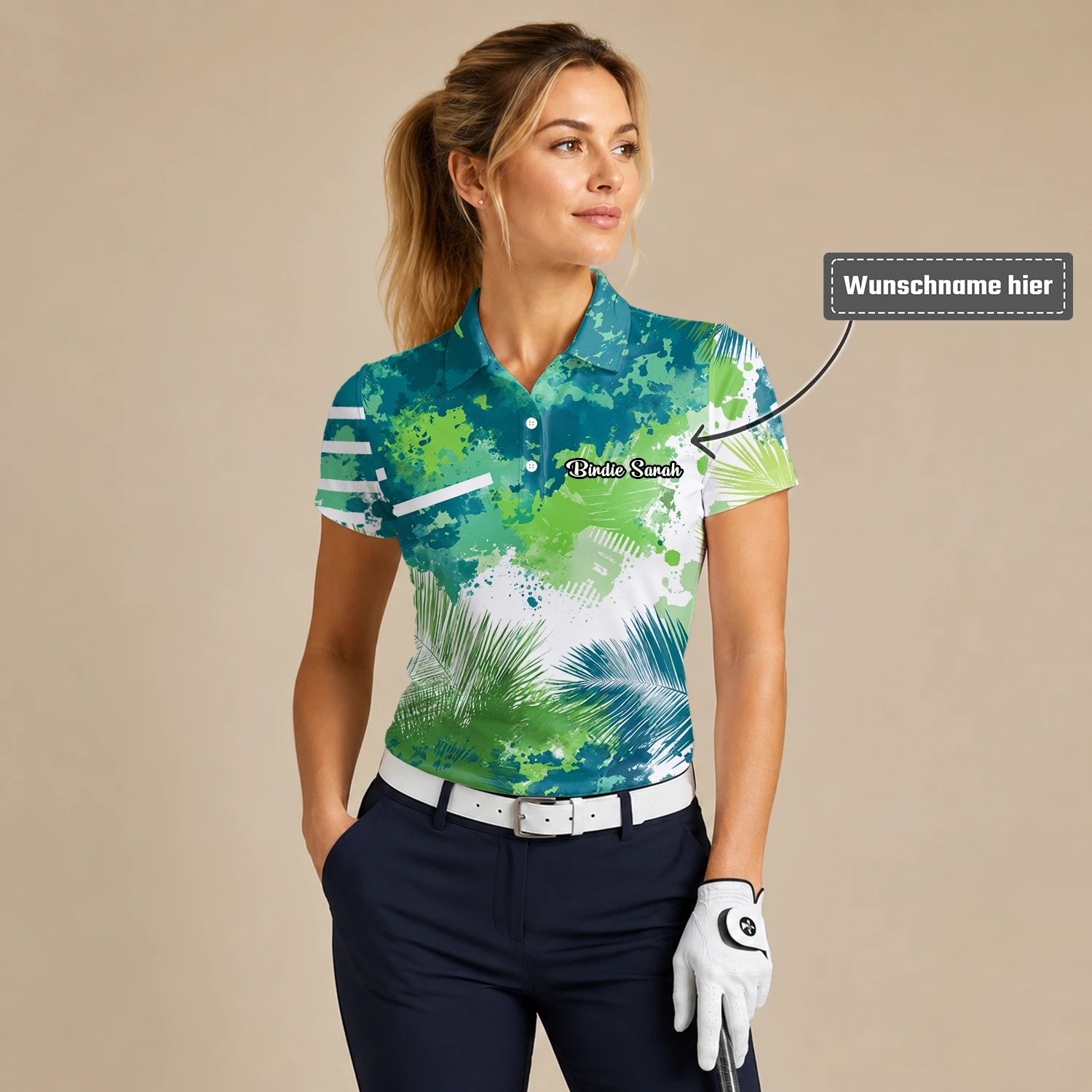 Personalisiertes Golf Poloshirt Grün Blaues Tropisches Blätter Farbklecks Design für Damen B7869