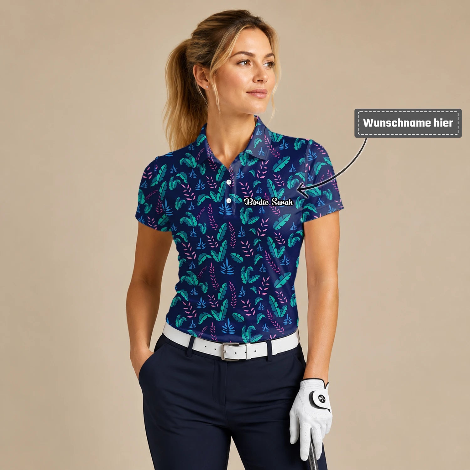 Personalisiertes Golf Poloshirt Marineblau Türkis Tropisches Blätter Design für Damen S8145