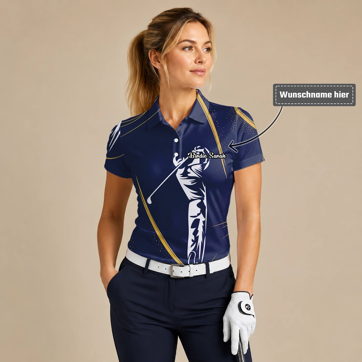 Personalisiertes Golf Poloshirt Marineblau Goldenes Golfer Schwung Silhouetten Design für Damen A1639