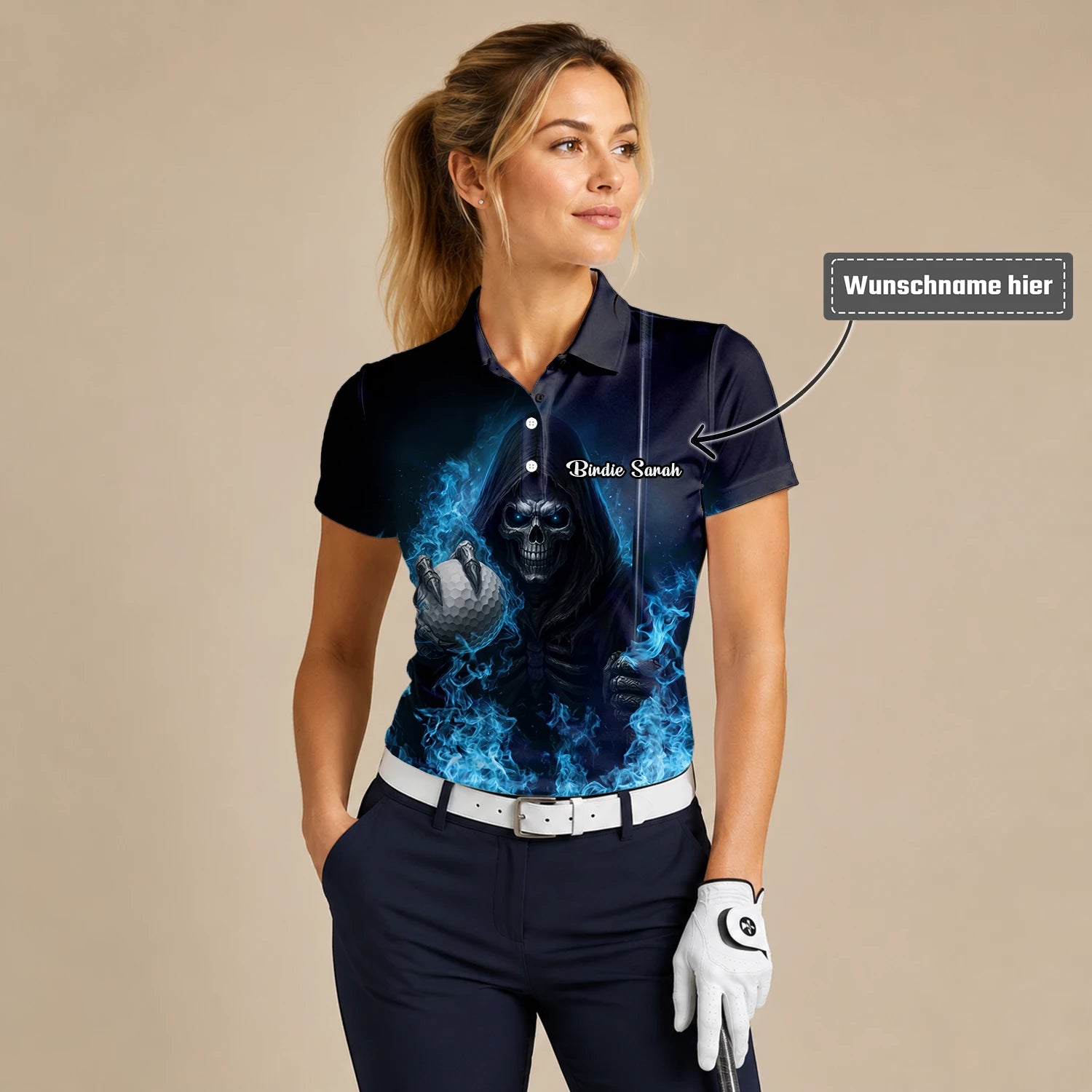 Personalisiertes Golf Poloshirt Schwarz Blaues Totenkopf Golfball Blitz Design für Damen N0793