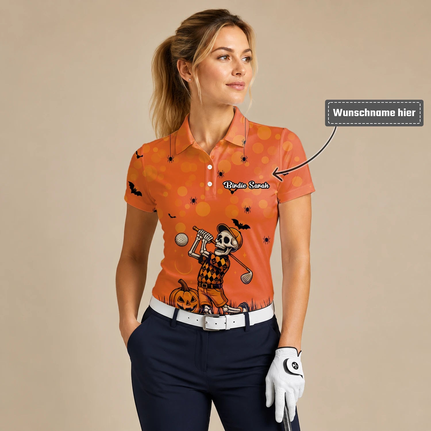 Personalisiertes Golf Poloshirt Orange Halloween Skelett Golfer Design für Damen D3851