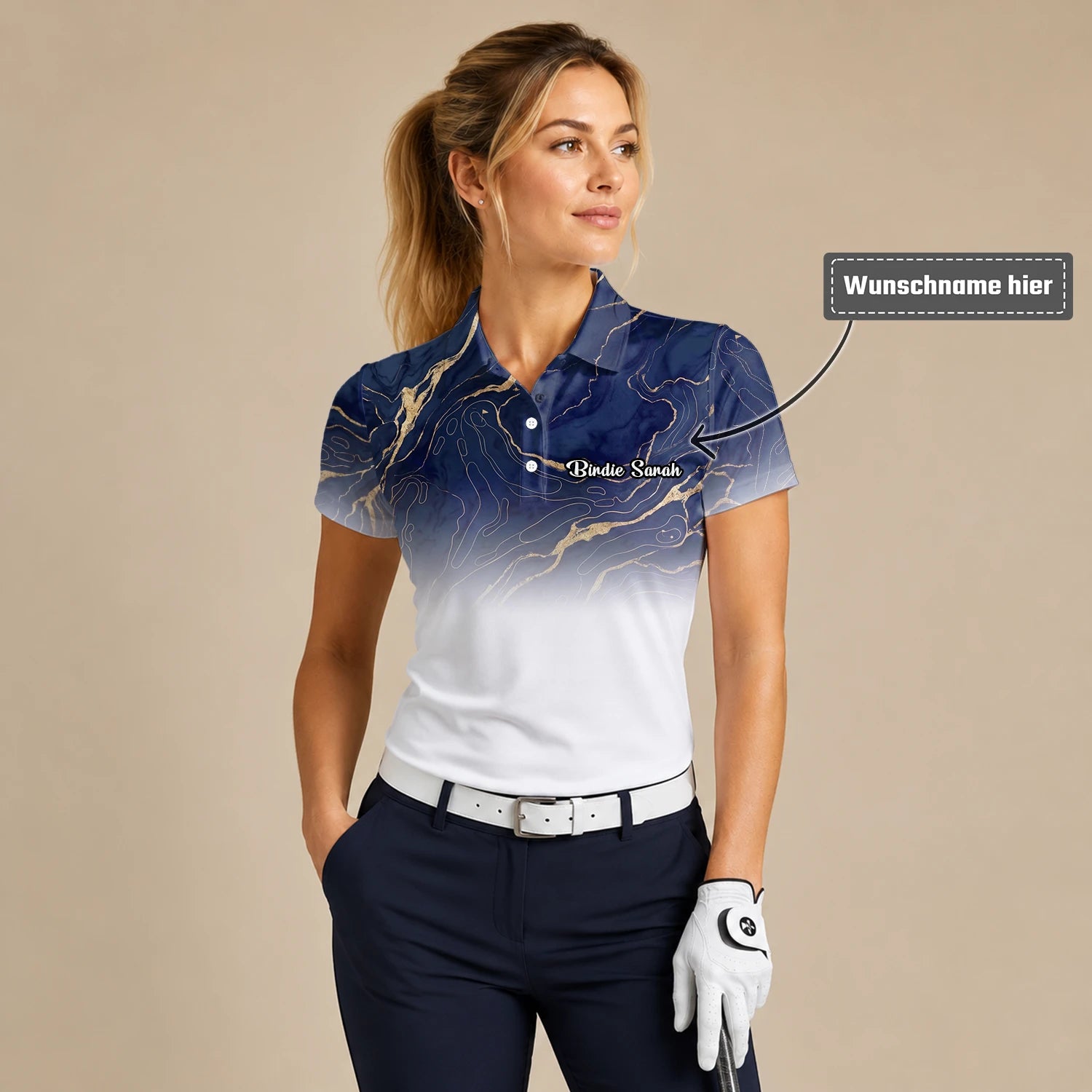 Personalisiertes Golf Poloshirt Marineblau Weißes Marmor Goldadern Design für Damen U5613