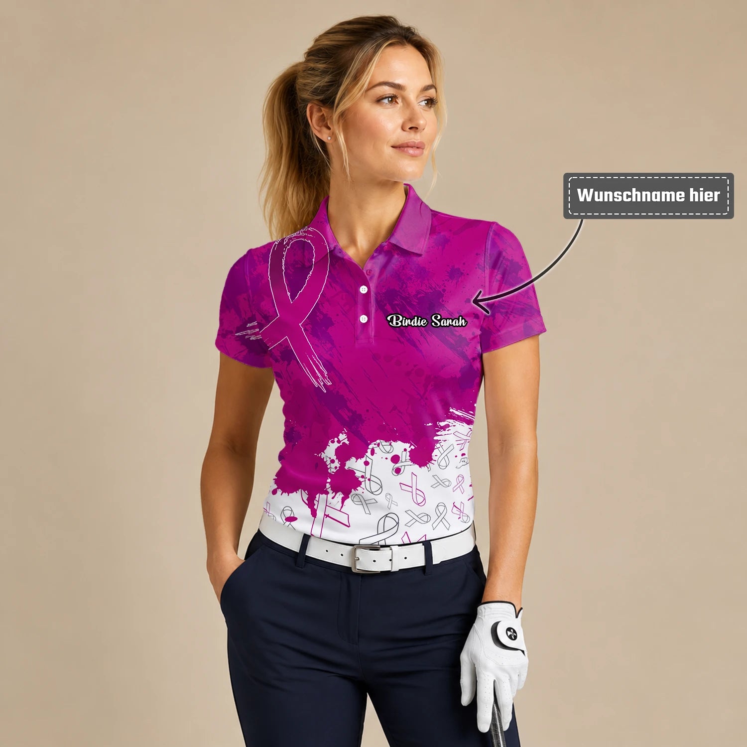 Personalisiertes Golf Poloshirt Magenta Brustkrebs Awareness Schleifen Farbklecks Design für Damen Q5636