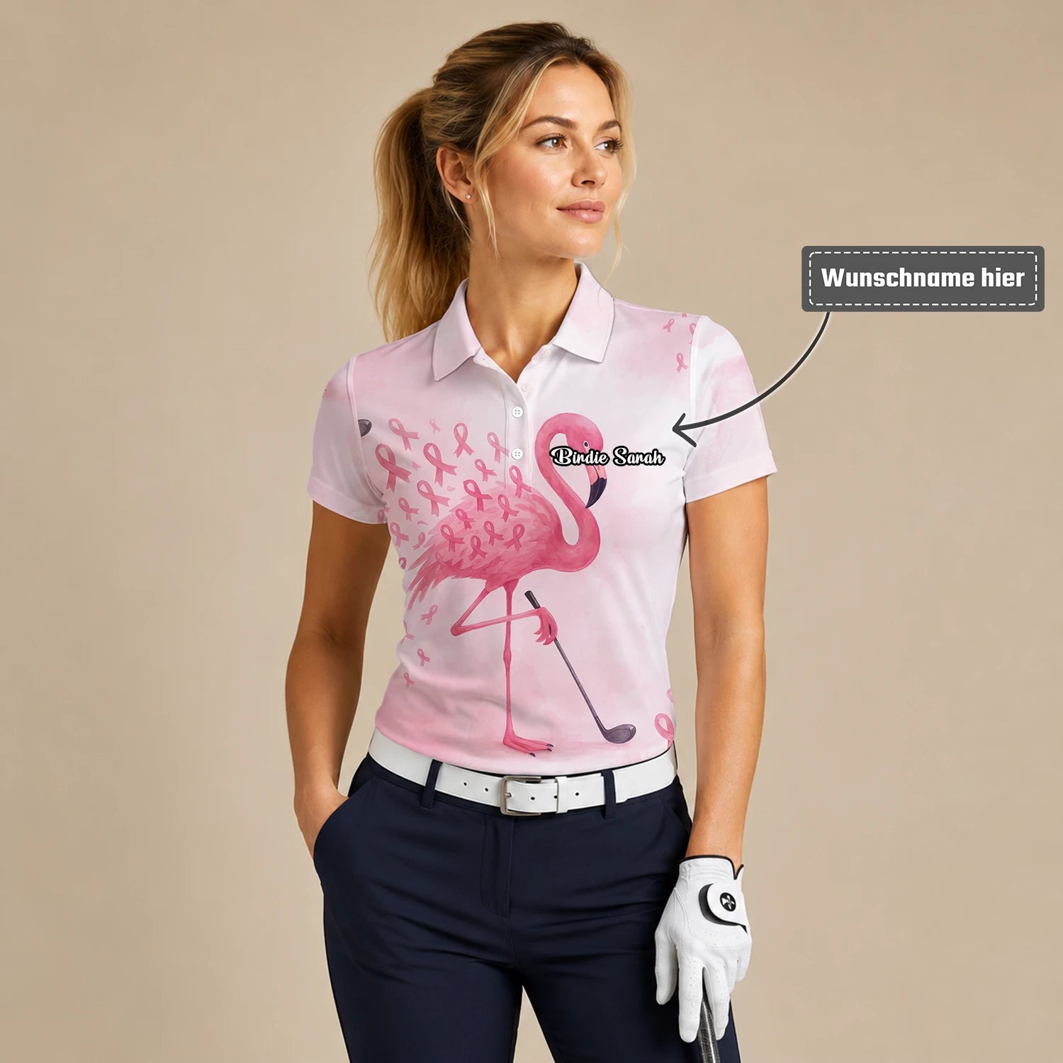 Personalisiertes Golf Poloshirt Rosa Flamingo Golfer Brustkrebs Schleifen Design für Damen R9354