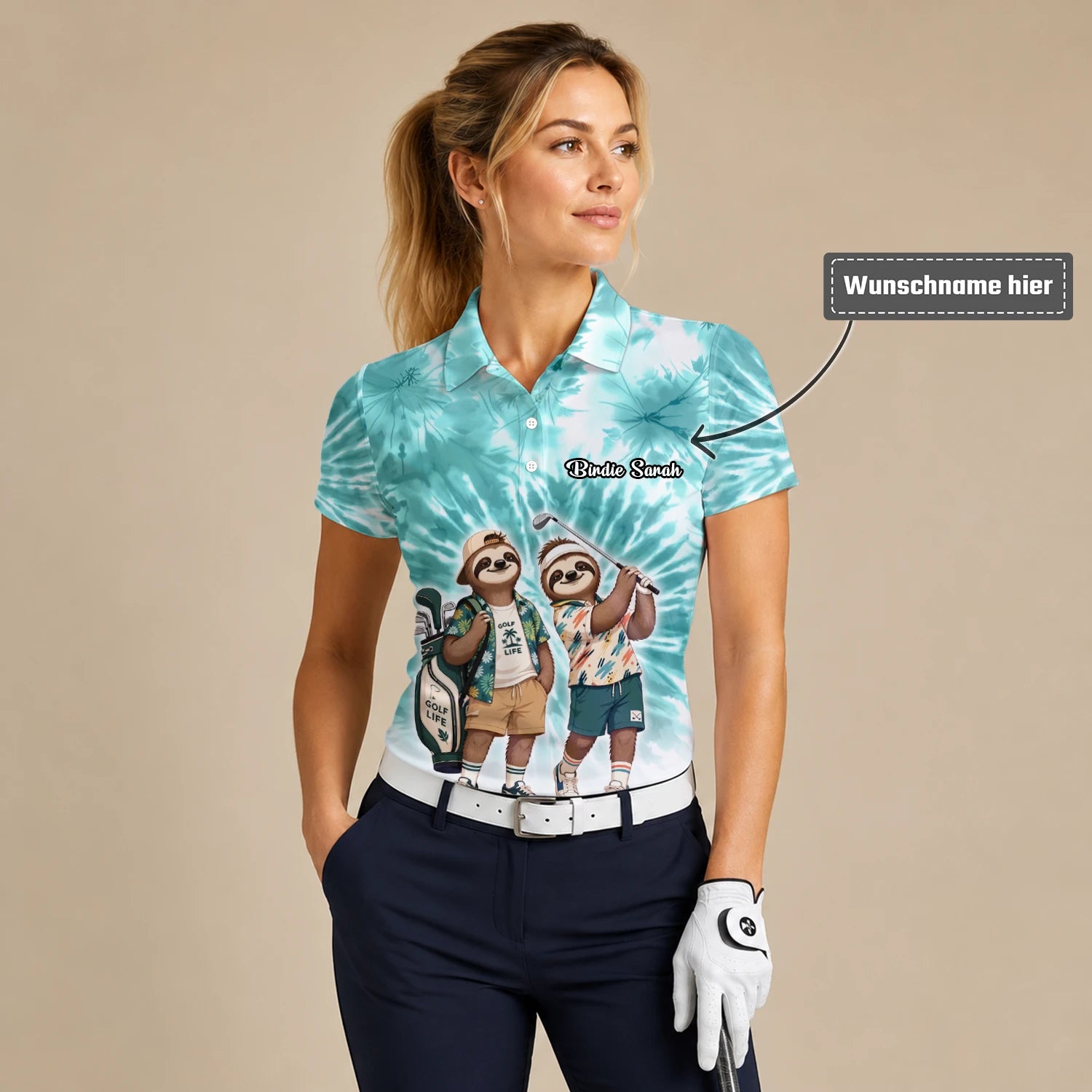 Personalisiertes Golf Poloshirt Türkis Faultier Golfer Cartoon Design für Damen C1614