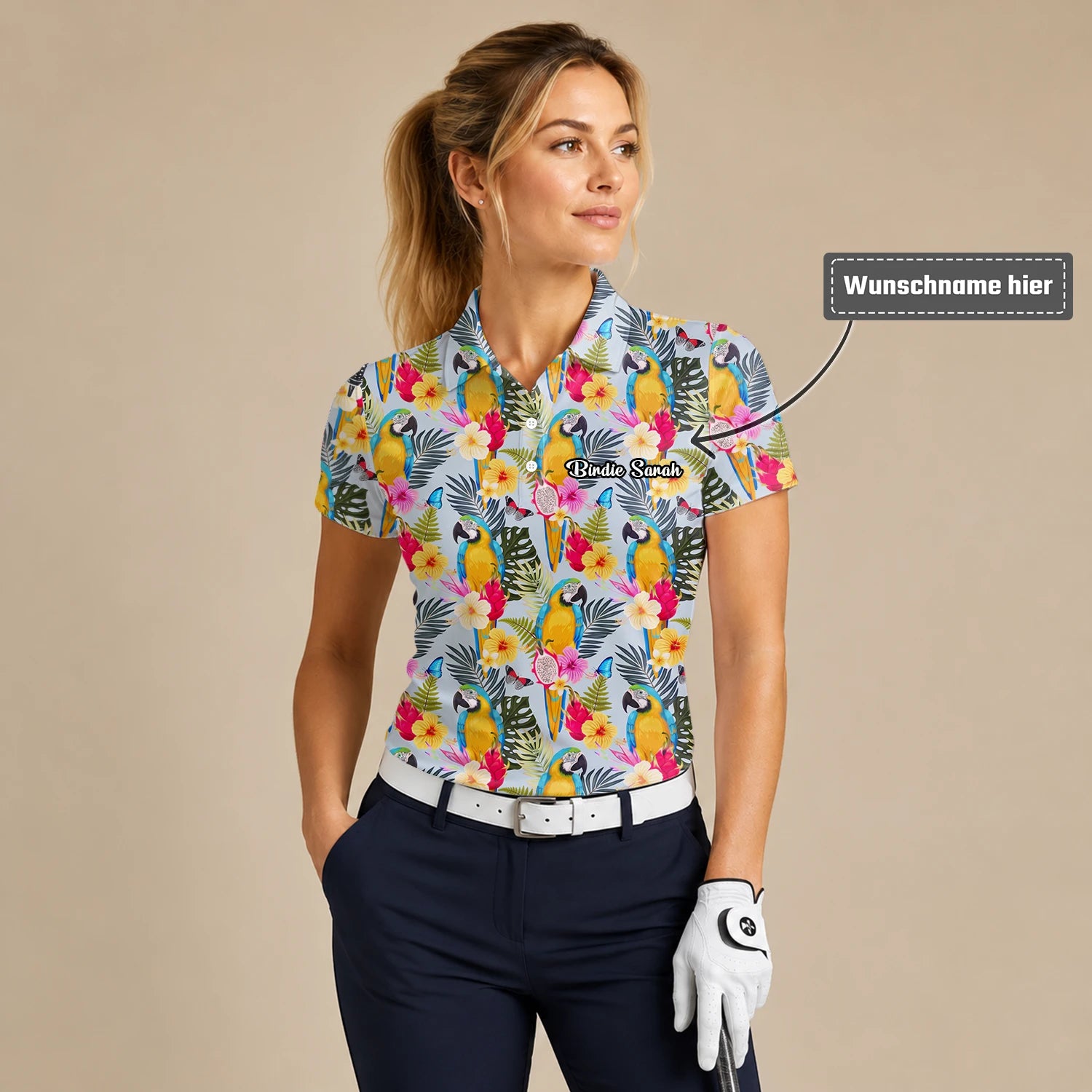 Personalisiertes Golf Poloshirt Creme Gelbes Tropisches Papagei Hibiskus Design für Damen V2558