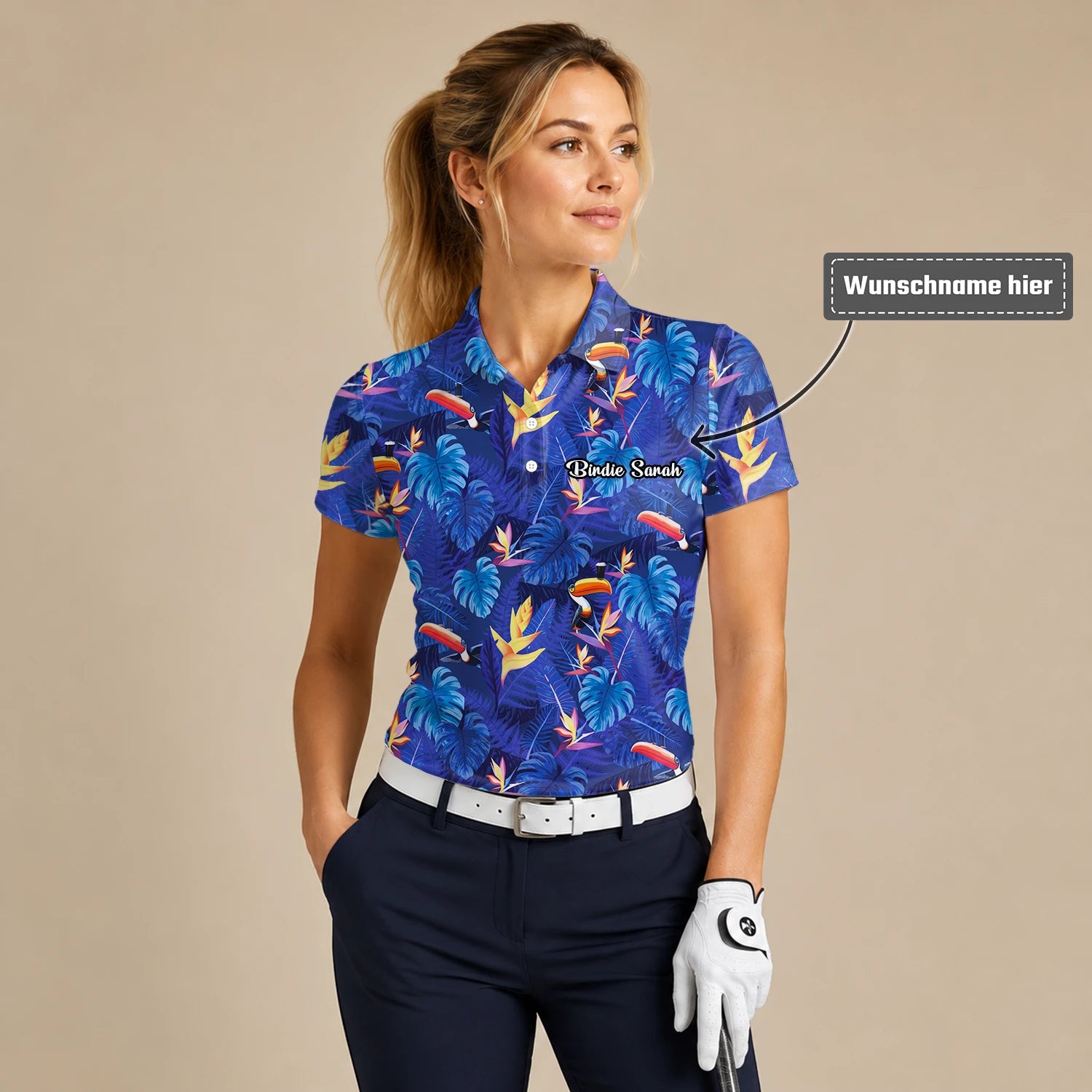 Personalisiertes Golf Poloshirt Marineblaues Tropisches Tukan Blätter Design für Damen S1836