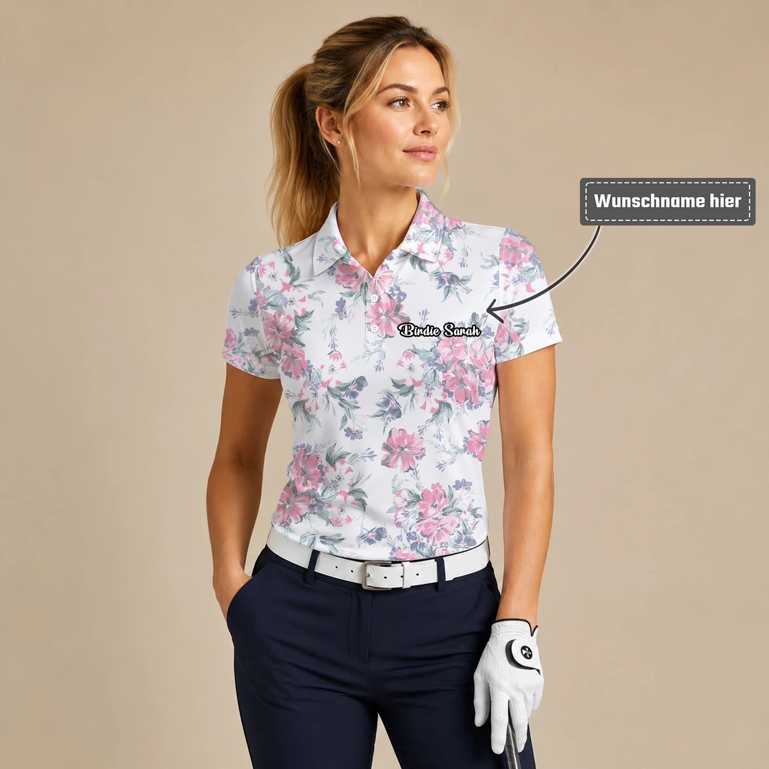 Personalisiertes Golf Poloshirt Weiß Rosa Blumen Blätter Design für Damen H5152