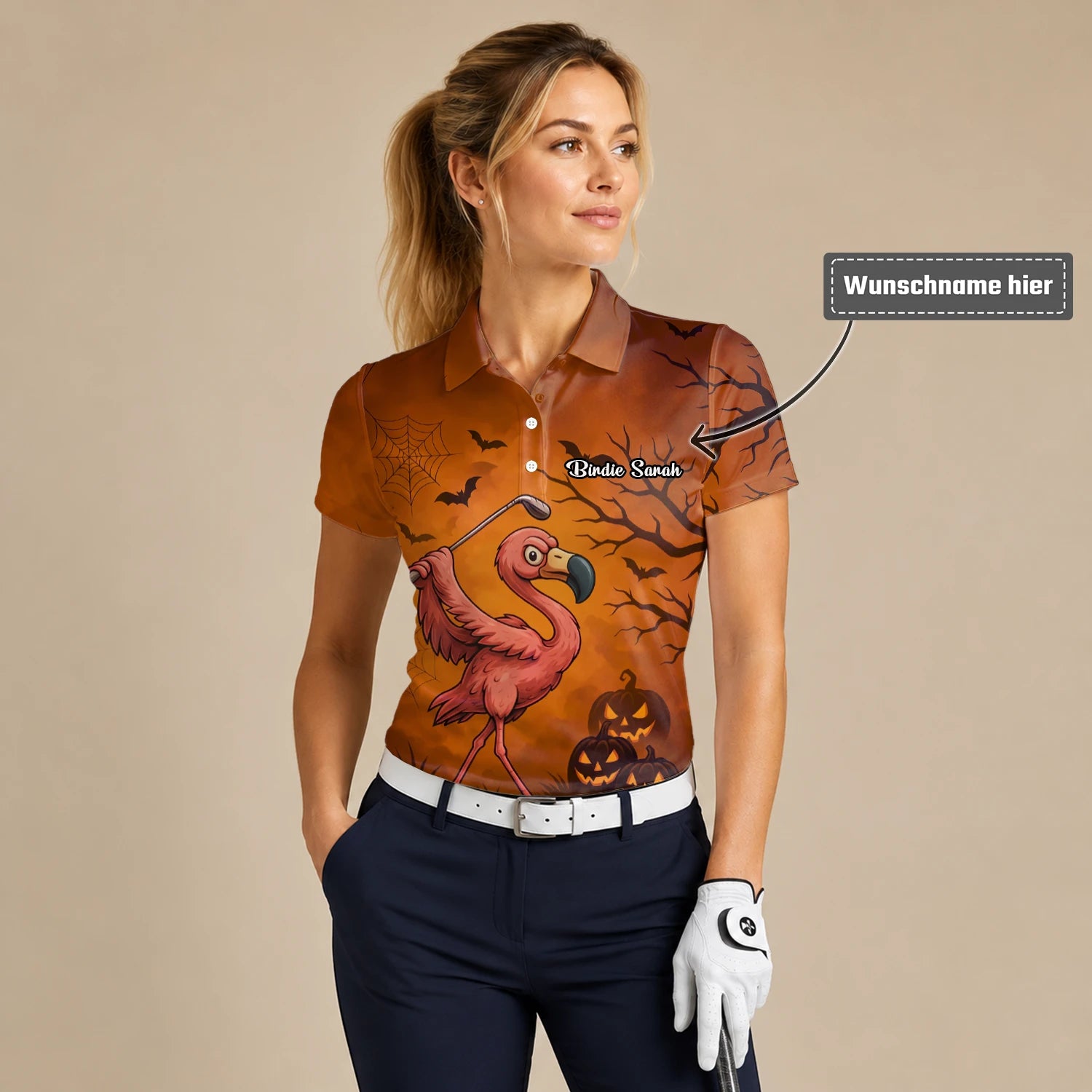 Personalisiertes Golf Poloshirt Orange Halloween Flamingo Golfer Kürbis Design für Damen V7072