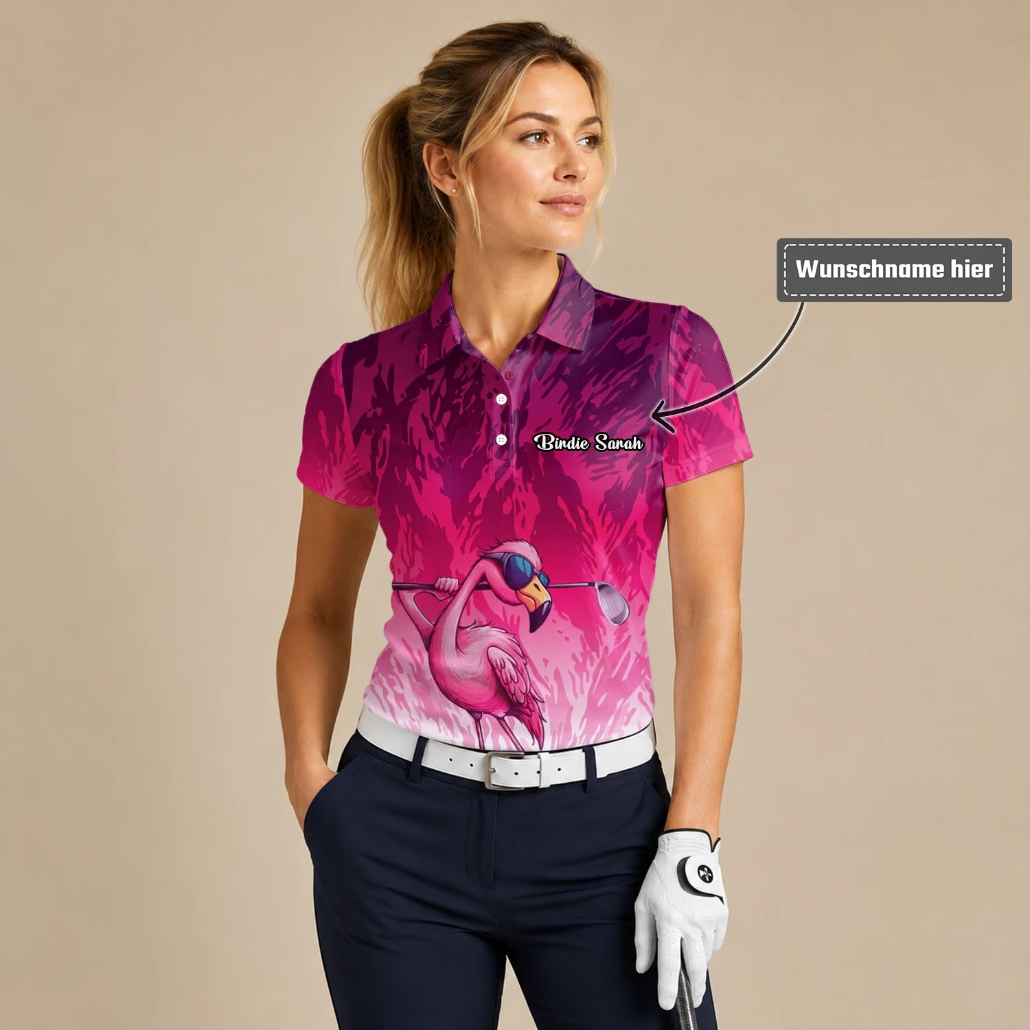 Personalisiertes Golf Poloshirt in Rosa mit Flamingo-Golfer und Farbklecks für Damen R4990