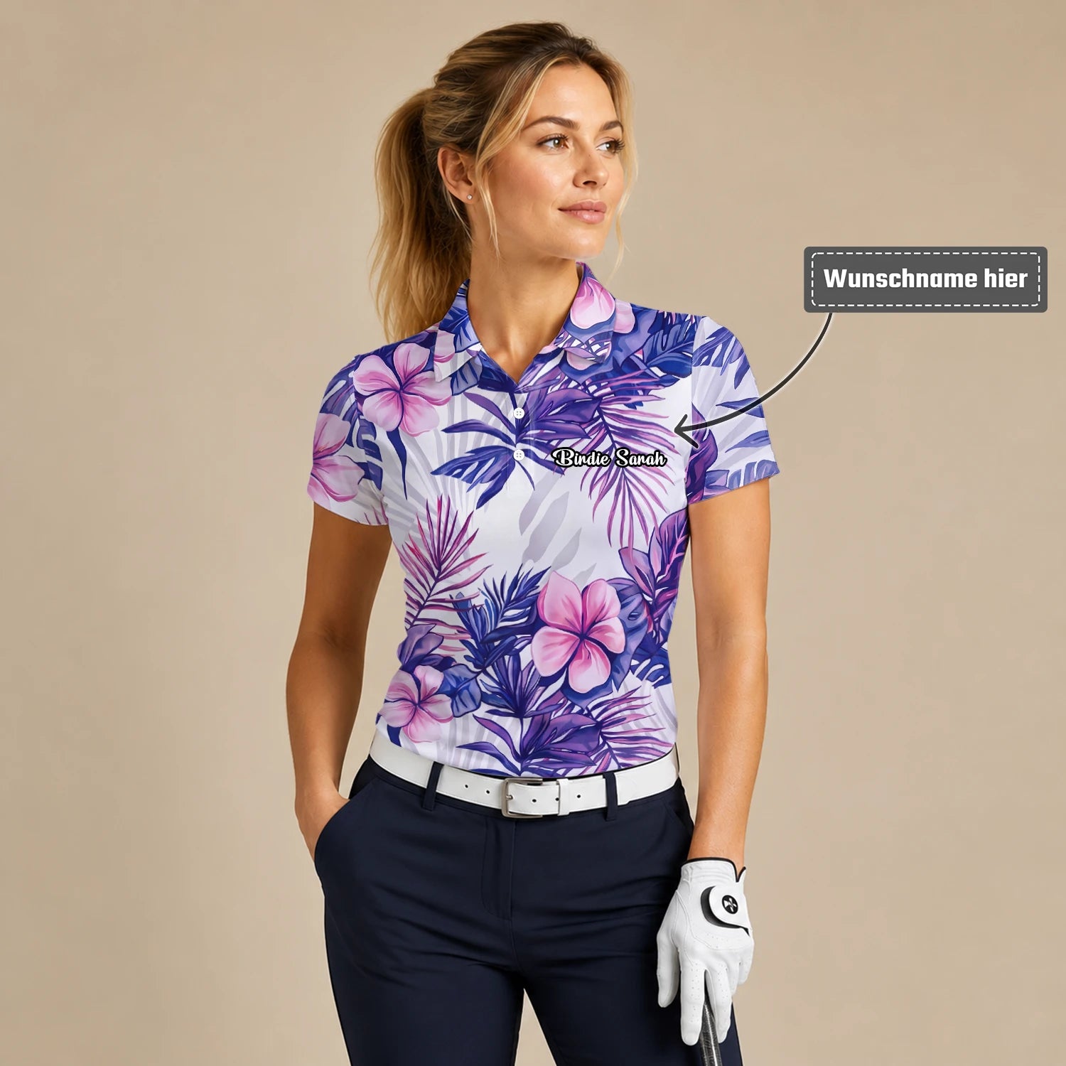 Personalisiertes Golf Poloshirt Weiß Lila Tropisches Hibiskus Blätter Design für Damen H1054