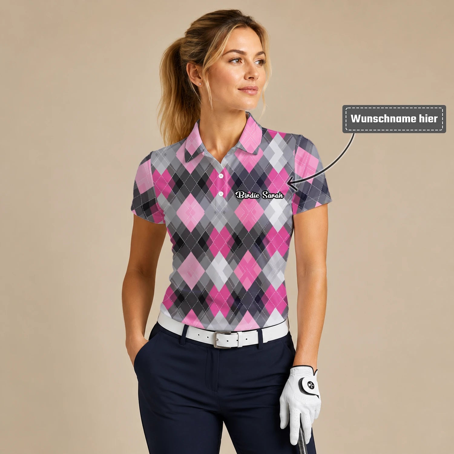 Personalisiertes Golf Poloshirt Rosa Graues Rauten Muster für Damen Z9376