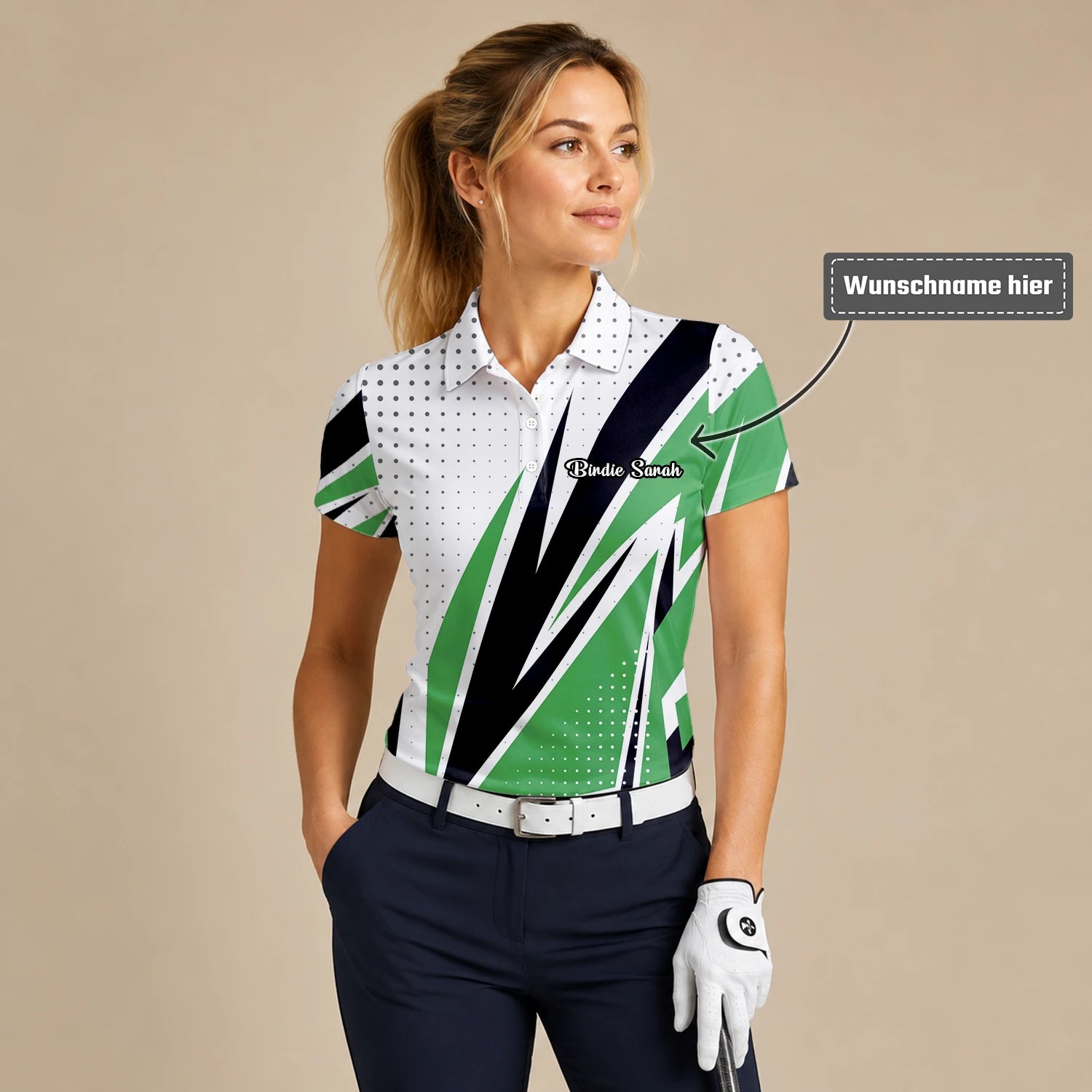 Personalisiertes Golf Poloshirt Weiß Grün Schwarzes Abstraktes Streifen Design für Damen C9494