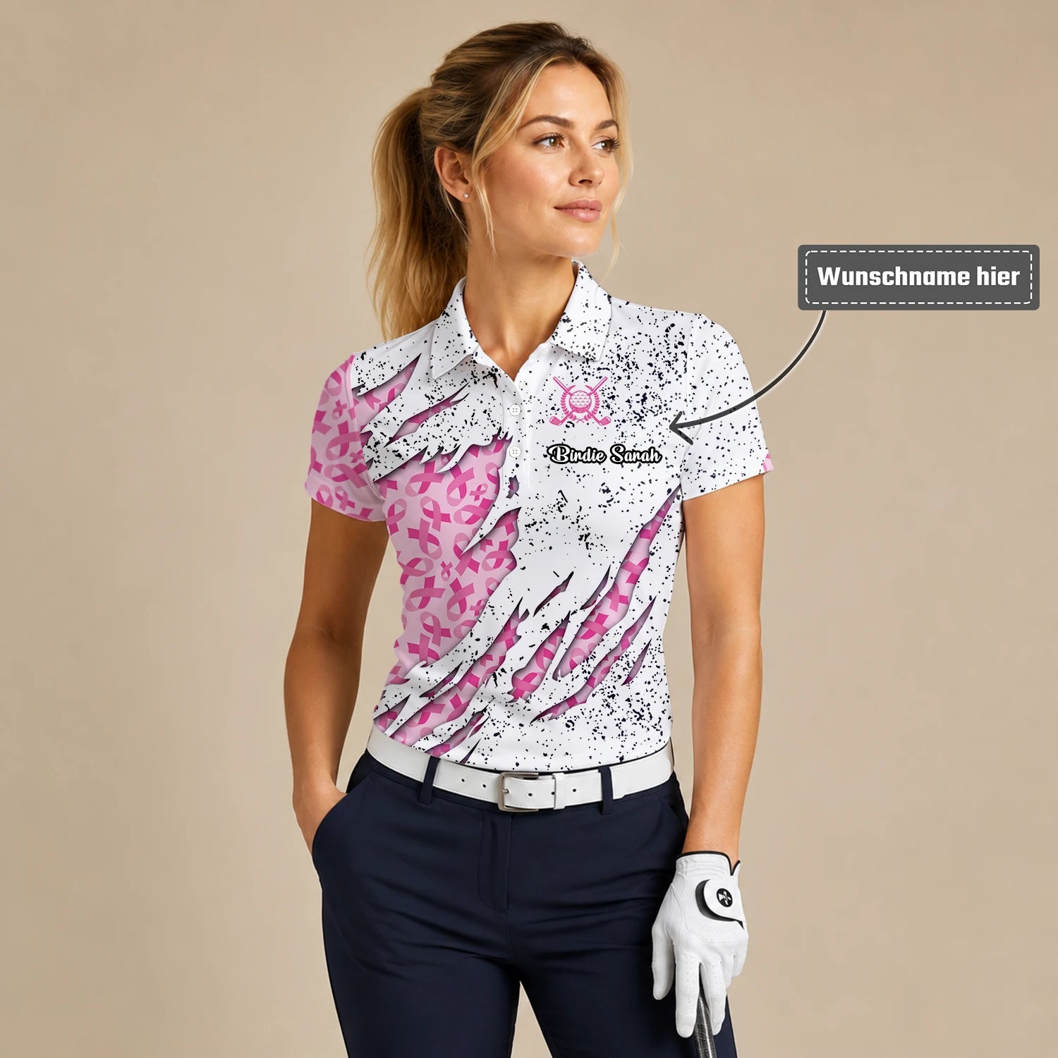 Personalisiertes Golf Poloshirt Weiß Rosa Brustkrebs Schleifen Zerrissenes Design für Damen B7190
