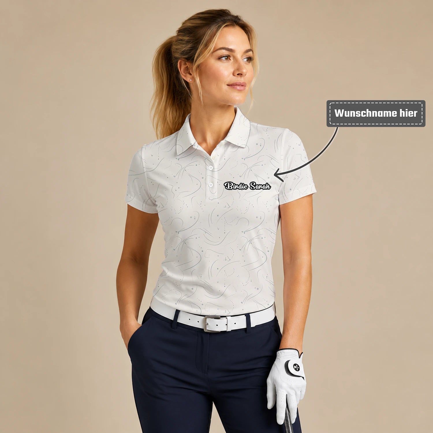 Personalisiertes Golf Poloshirt Cremefarbenes Golf Tee Linien Design für Damen O7898