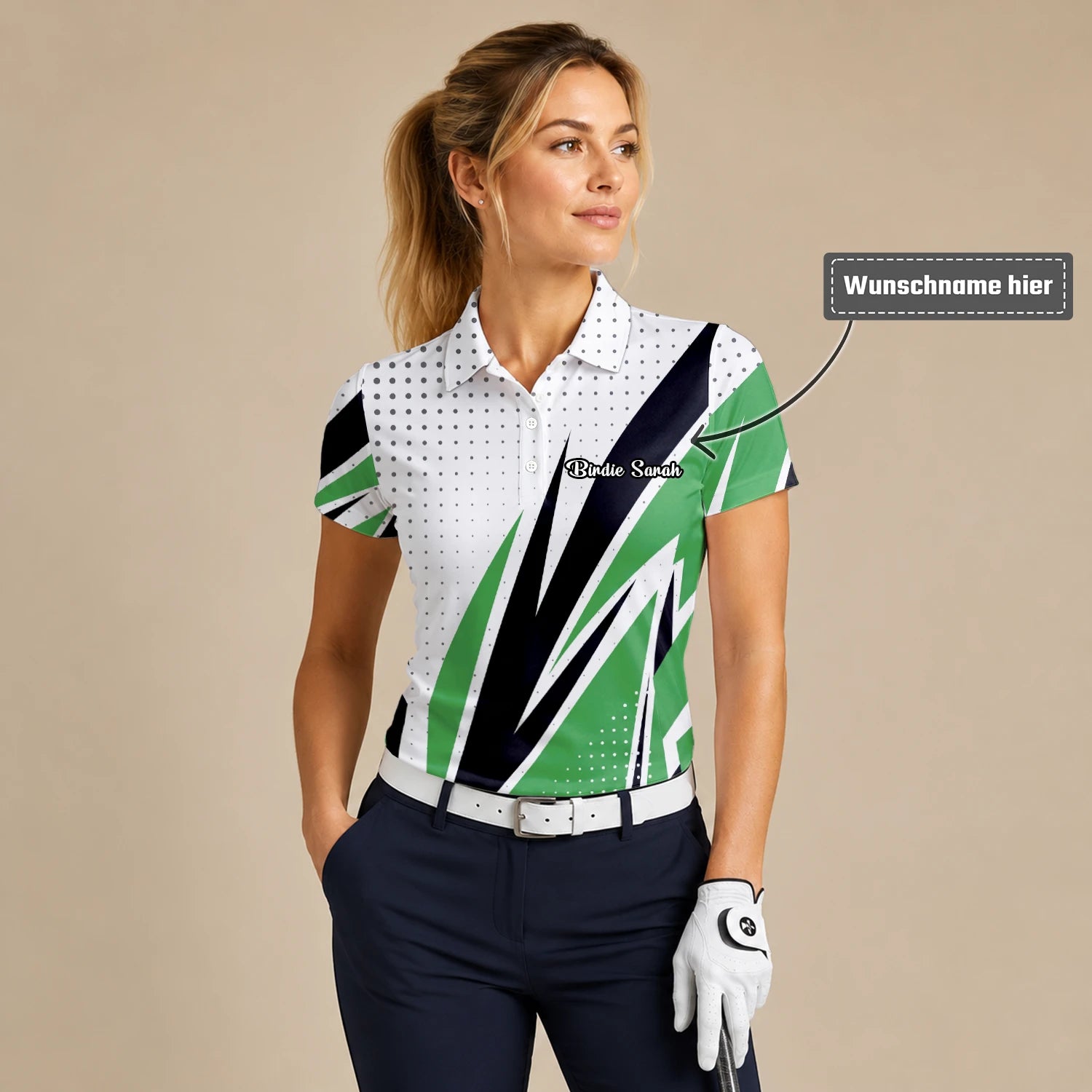 Personalisiertes Golf Poloshirt Weiß Grün Schwarzes Abstraktes Streifen Design für Damen C9494