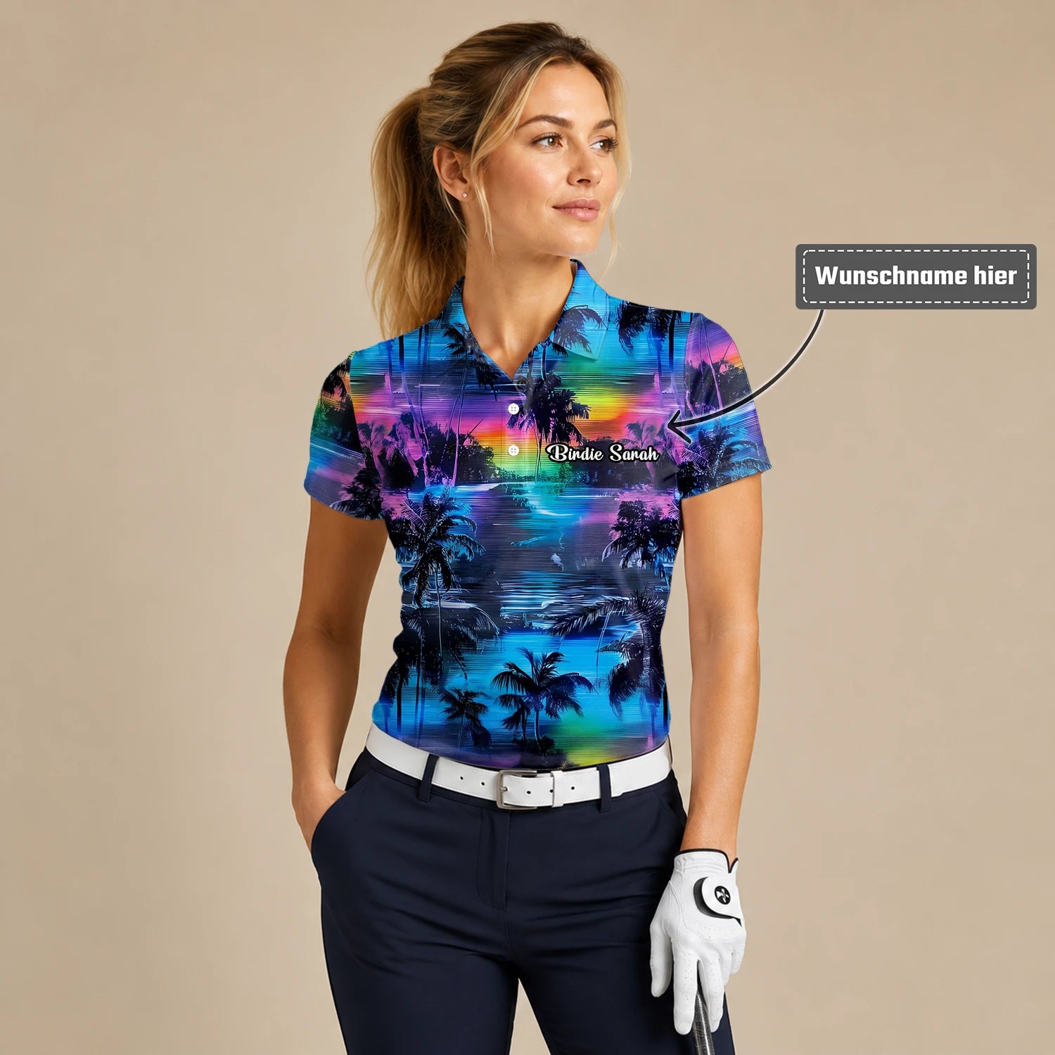 Personalisiertes Golf Poloshirt Blau Lila Palmen Sonnenuntergang Design für Damen K8435