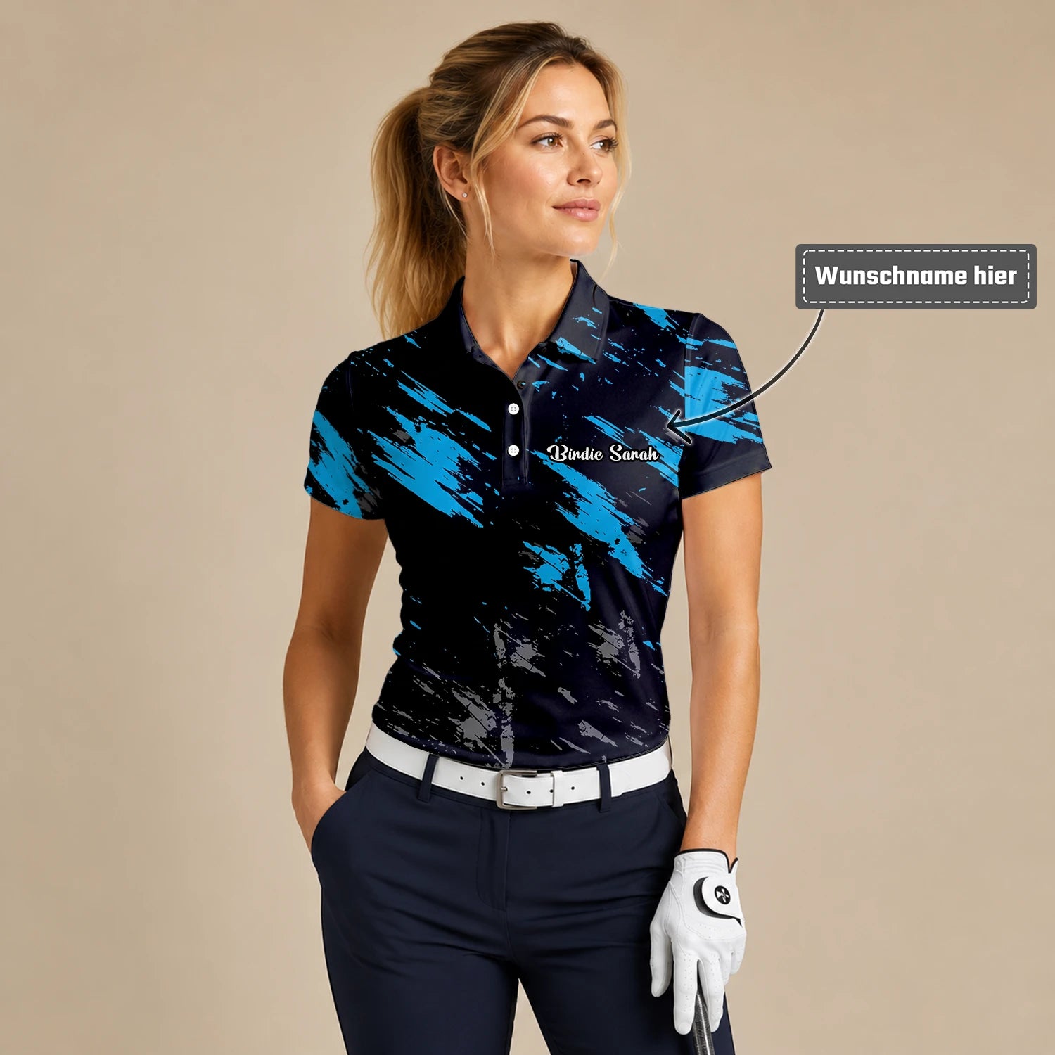 Personalisiertes Golf Poloshirt Schwarz Blaues Pinselstrich Design für Damen H3779