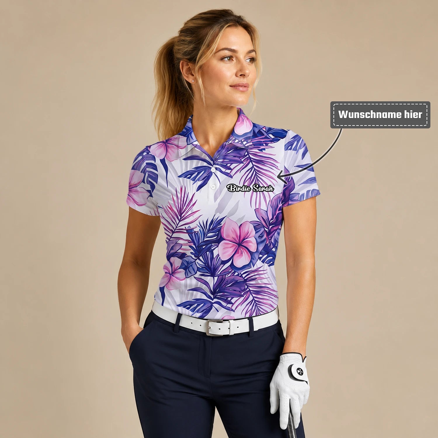 Personalisiertes Golf Poloshirt Weiß Lila Tropisches Hibiskus Blätter Design für Damen H1054