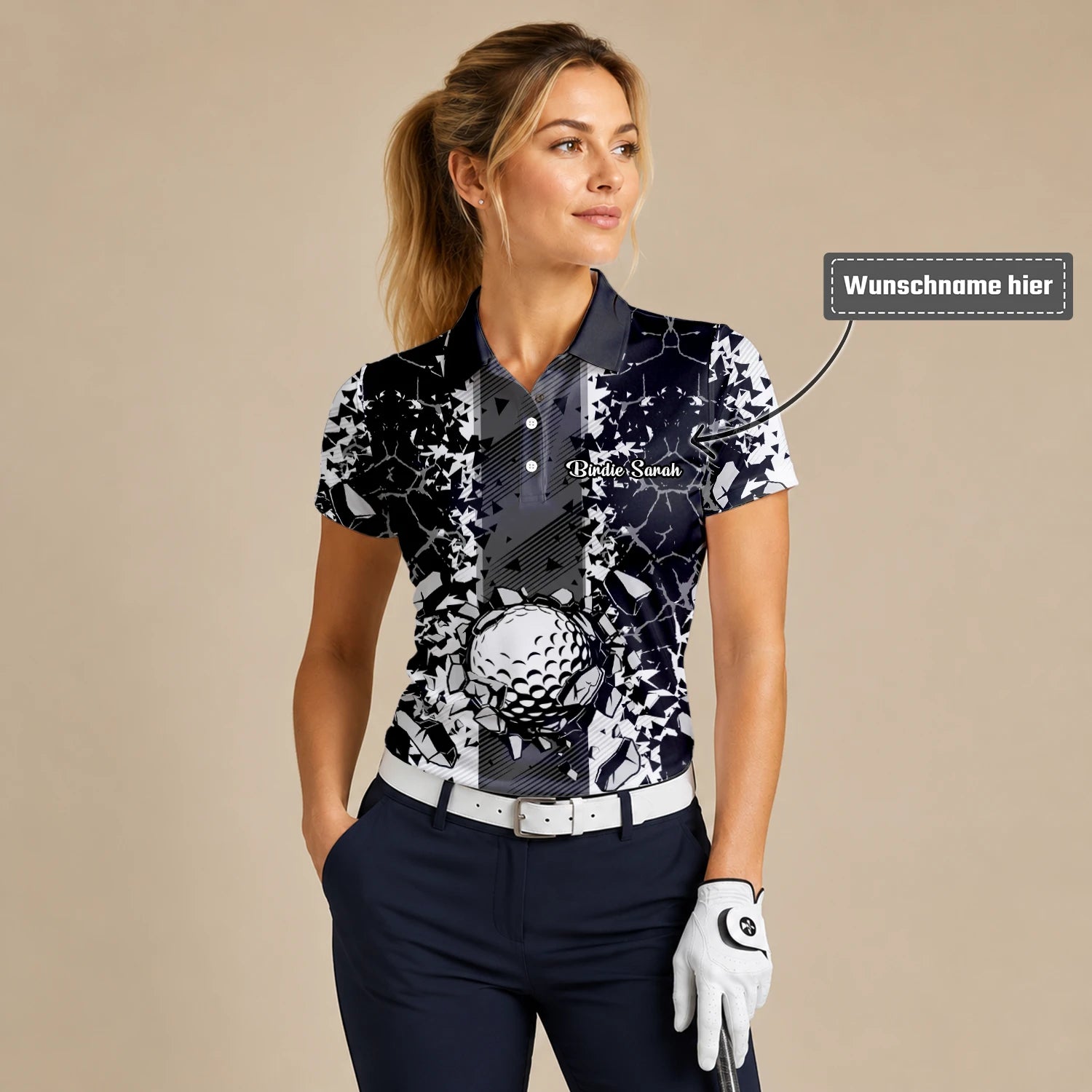 Personalisiertes Golf Poloshirt Schwarz Weißes Golfball Glassplitter Design für Damen F6407